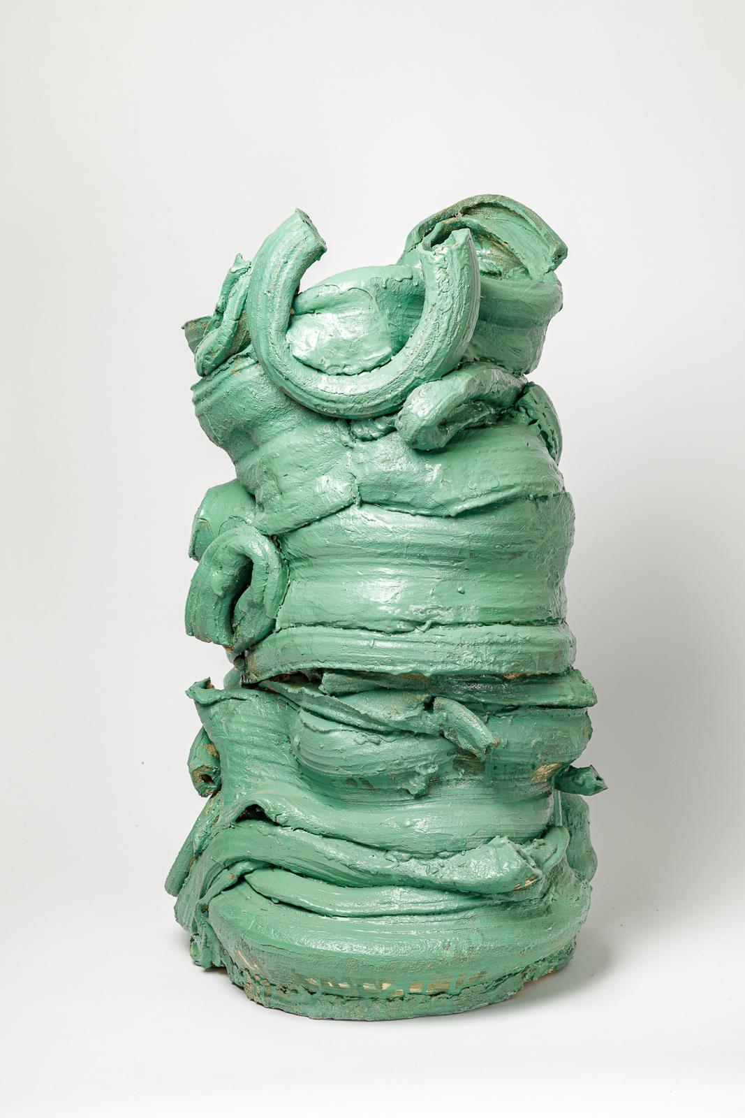 Beaux-Arts Grand vase de sol en céramique émaillée verte de Patrick Crulis, 2023.