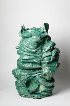 Large floor vase in green glazed ceramic by Patrick Crulis, 2024