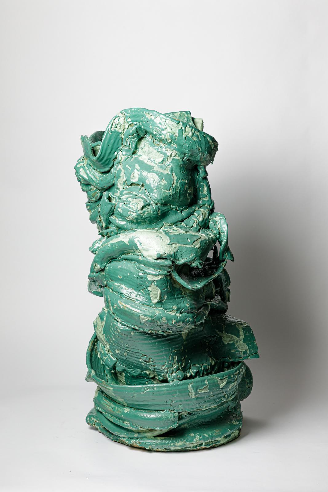 Large floor vase in green glazed ceramic by Patrick Crulis, 2024 (Beaux Arts) im Angebot