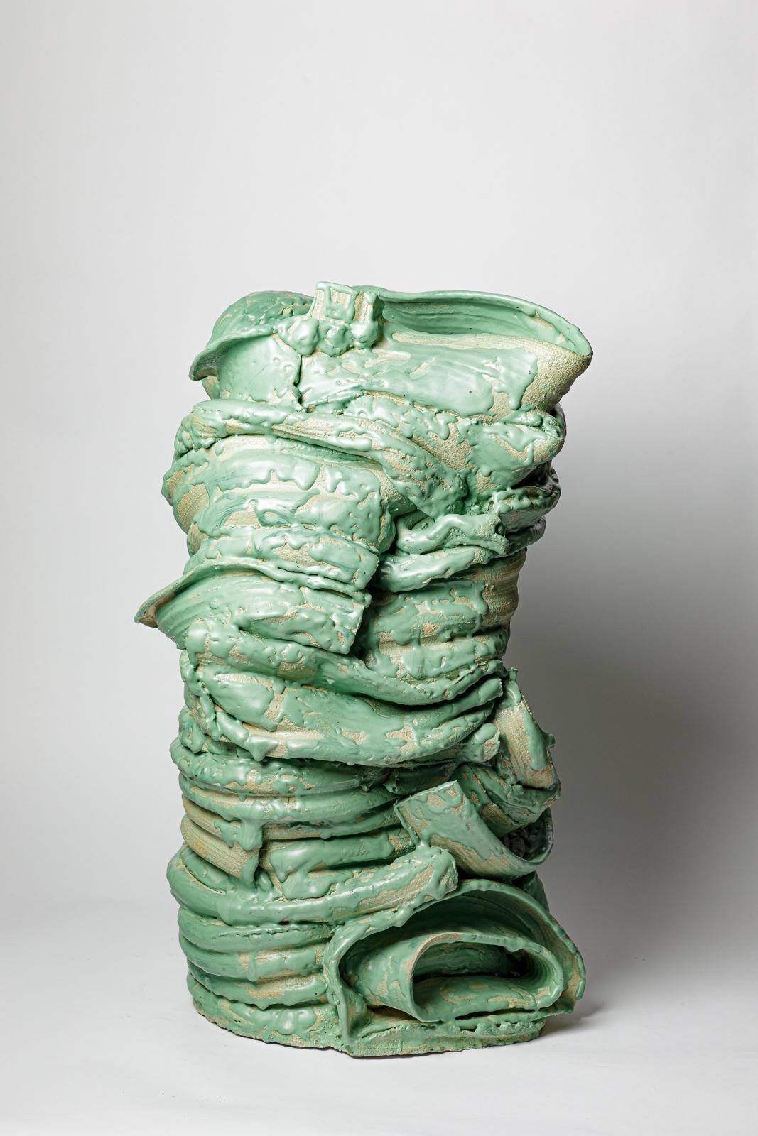 Beaux-Arts Grand vase de sol en céramique émaillée verte de Patrick Crulis, 2024 en vente