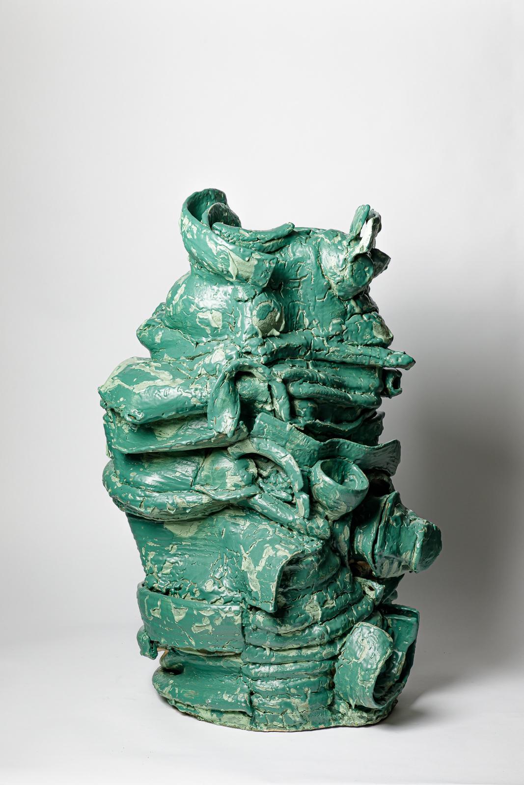 Large floor vase in green glazed ceramic by Patrick Crulis, 2024 (Französisch) im Angebot