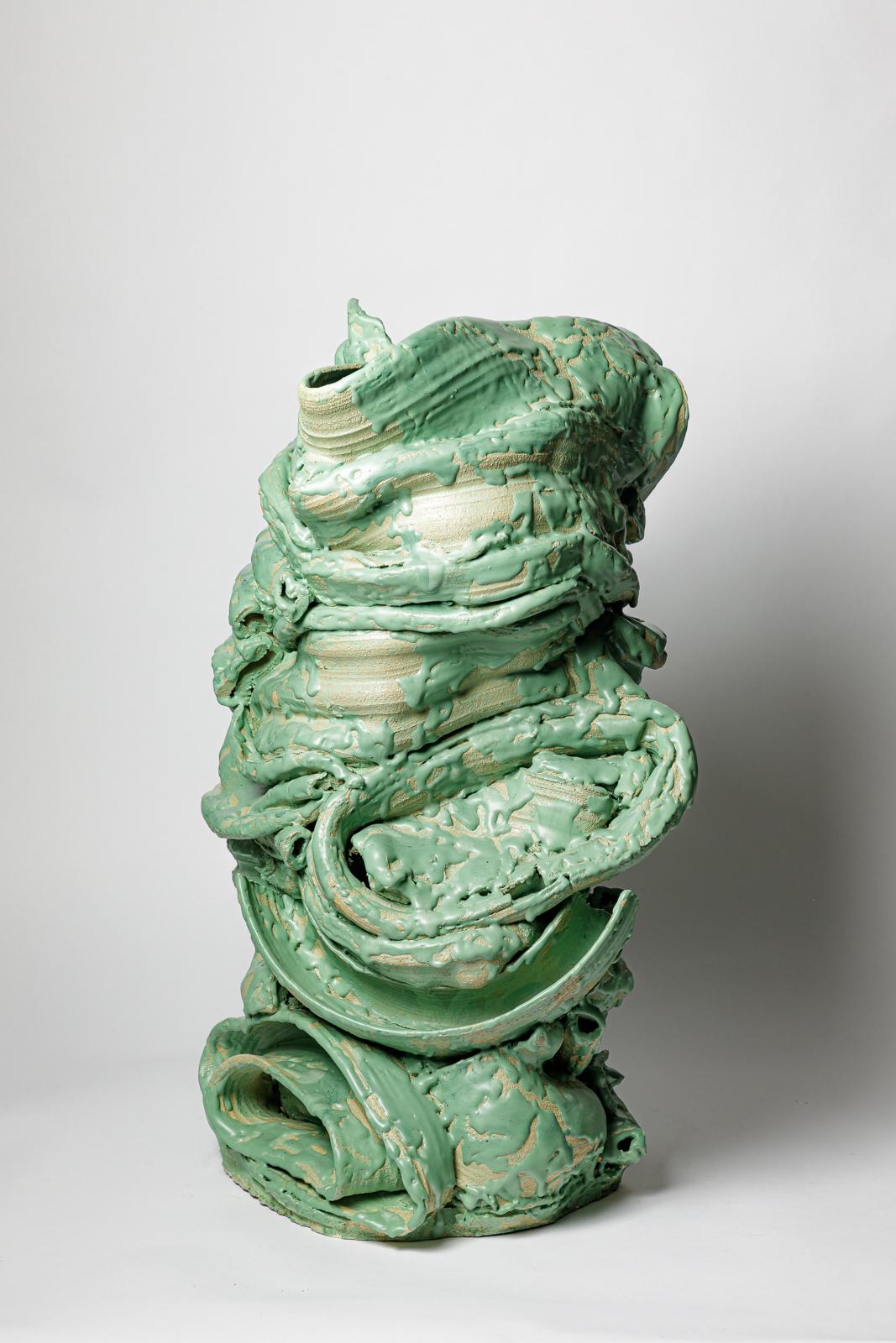 Français Grand vase de sol en céramique émaillée verte de Patrick Crulis, 2024 en vente