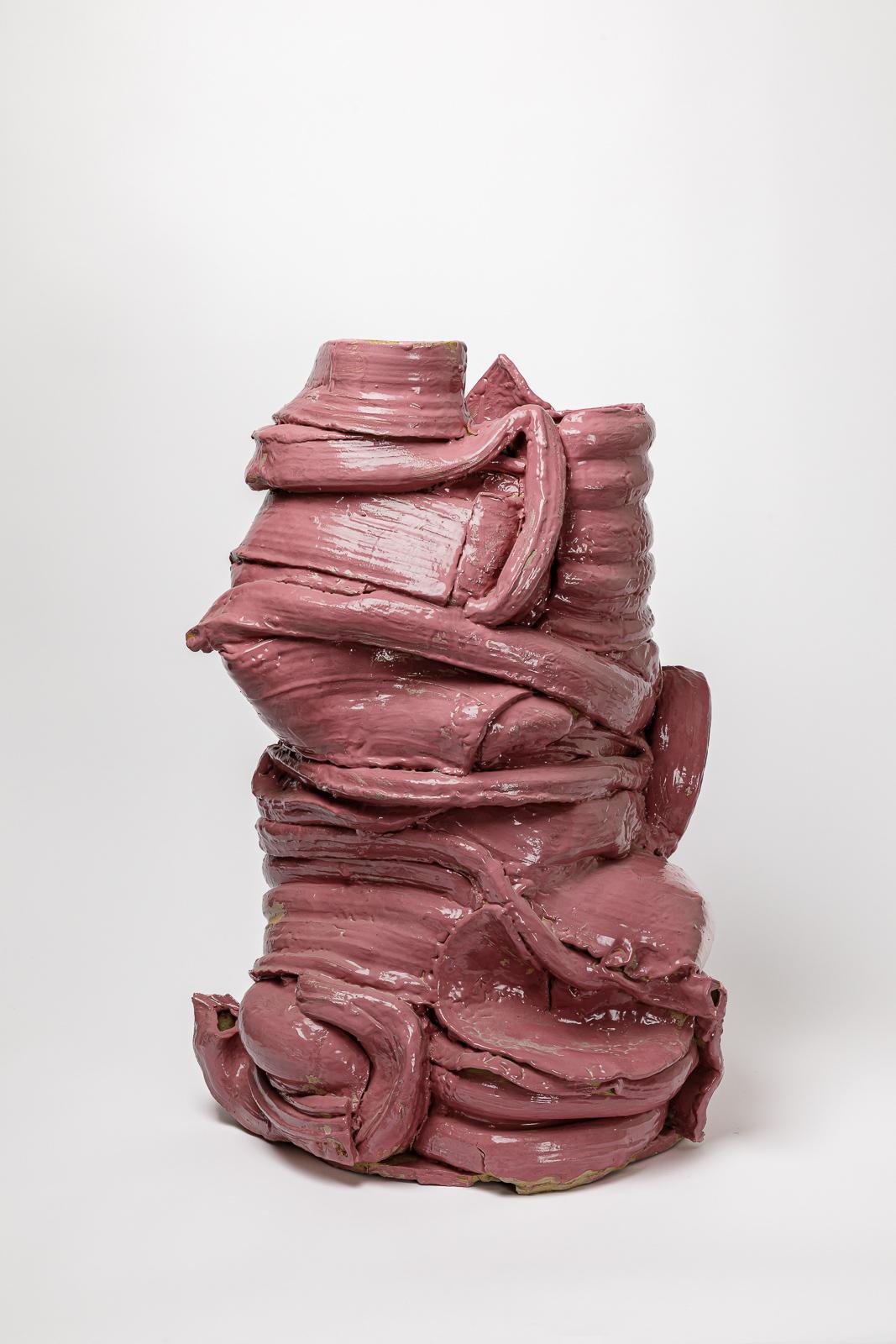 Large floor vase in pink glazed ceramic by Patrick Crulis. 2023. 
Unique piece.
H : 69 x 47 x 39 cm / 27'2 x 18'1 x 15'3 inches.
Approximate sizes.