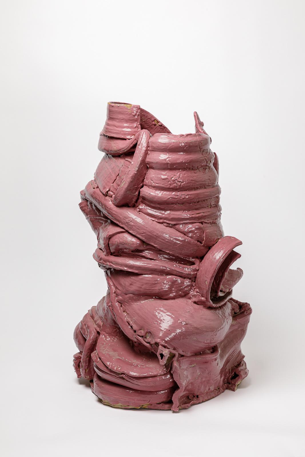 Beaux-Arts Grand vase de sol en céramique émaillée rose de Patrick Crulis, 2023.