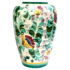 Large Floor Vase with Faience Decor Handpainted, Incised Floral Motif, 1950s