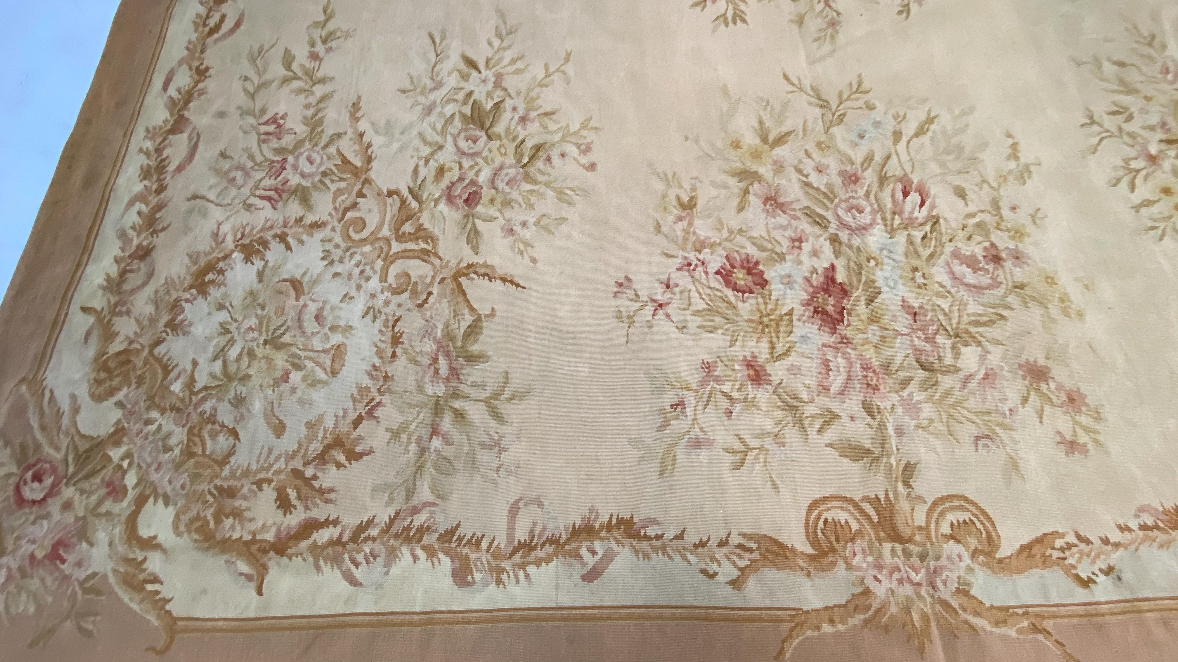 French Large Floral Apricot Wool Aubusson Rug For Sale