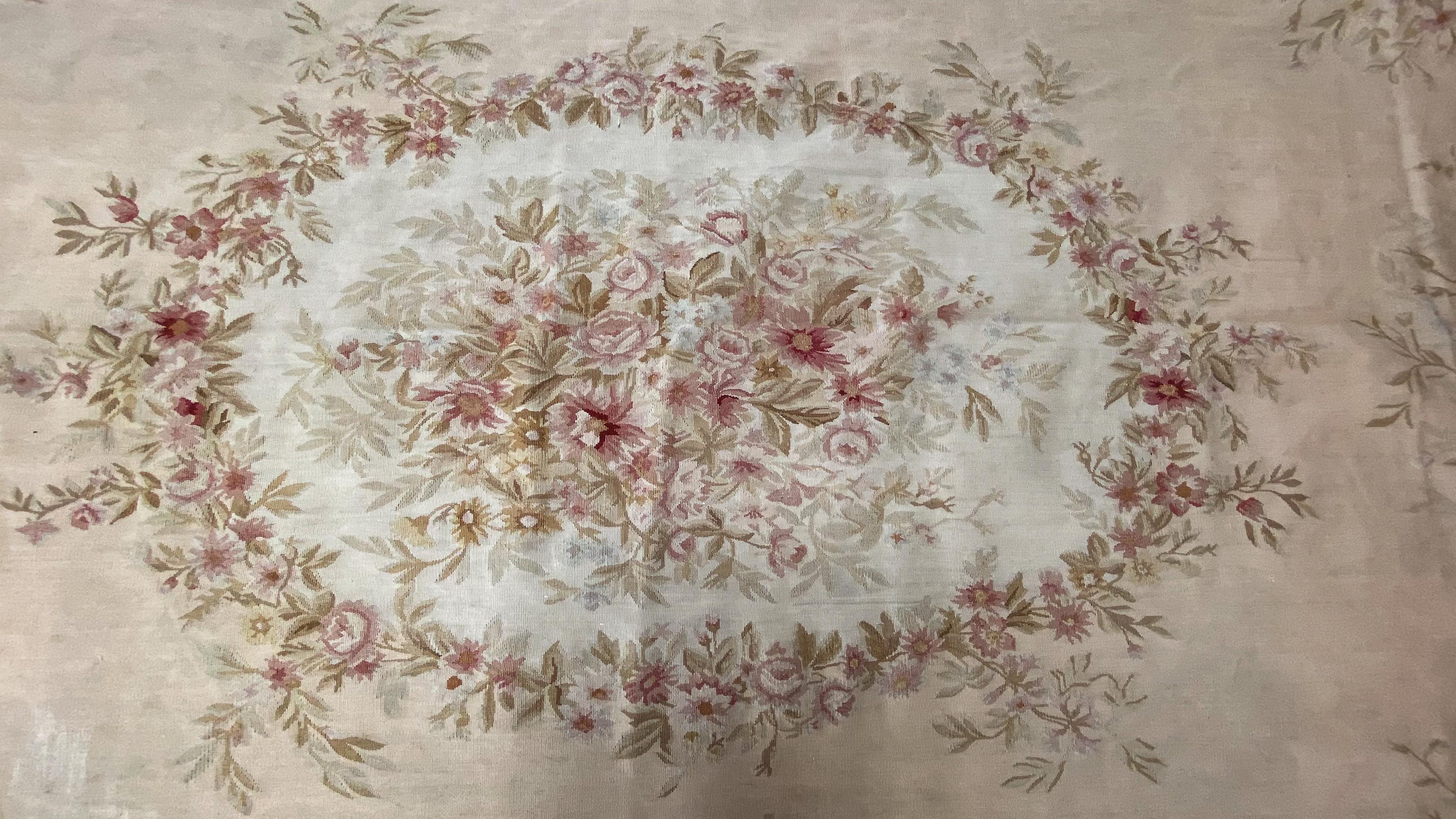 Large Floral Apricot Wool Aubusson Rug In Good Condition For Sale In Los Angeles, CA