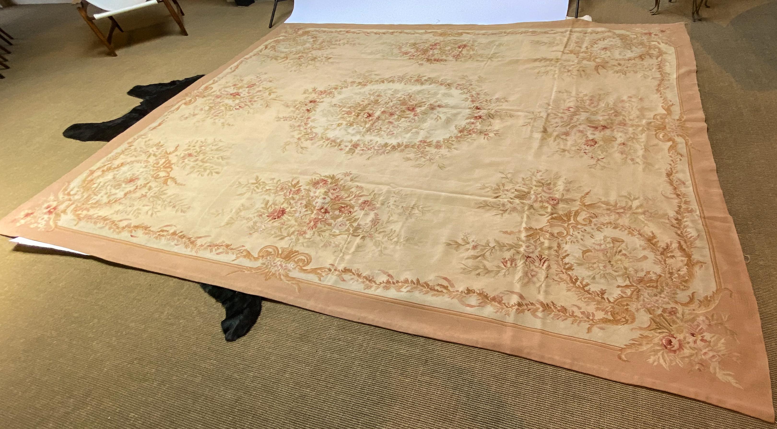 Large Floral Apricot Wool Aubusson Rug For Sale 1