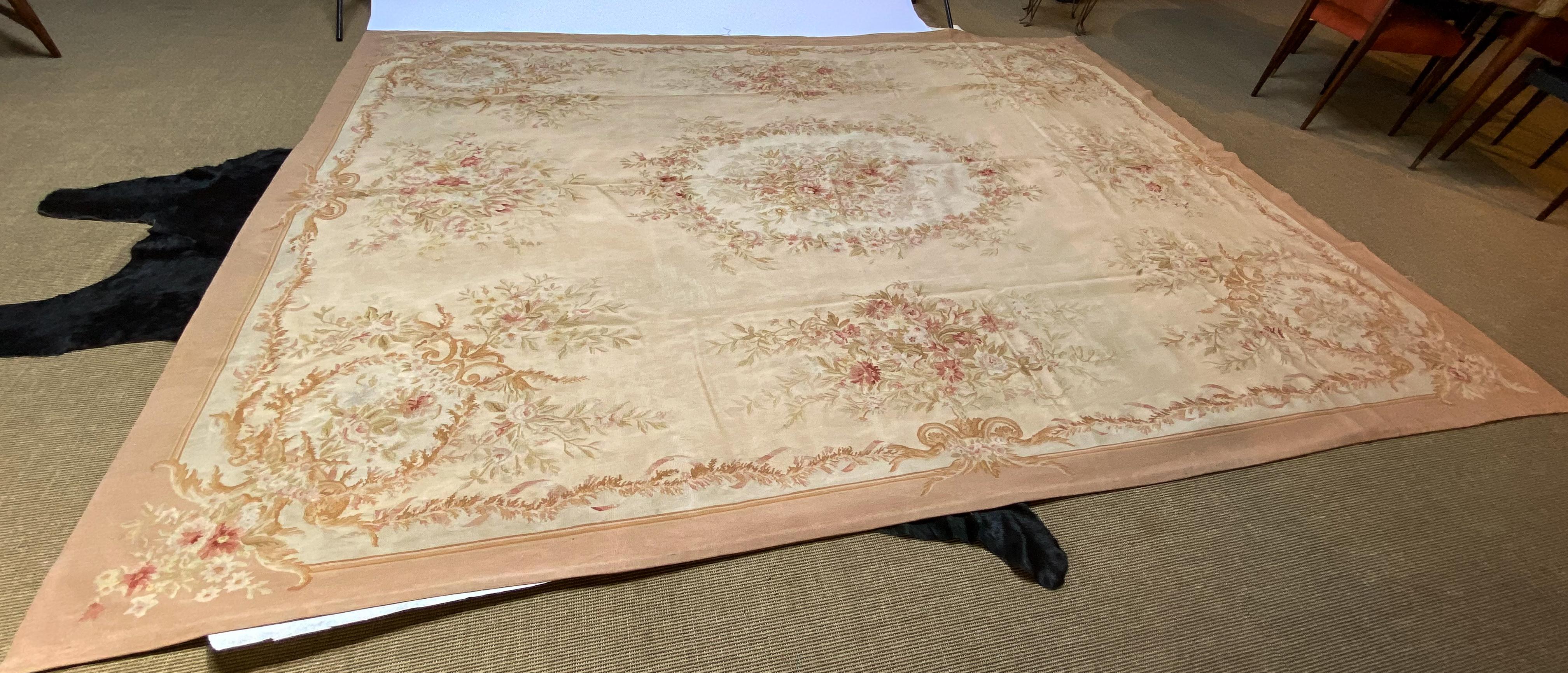 Large Floral Apricot Wool Aubusson Rug For Sale 3