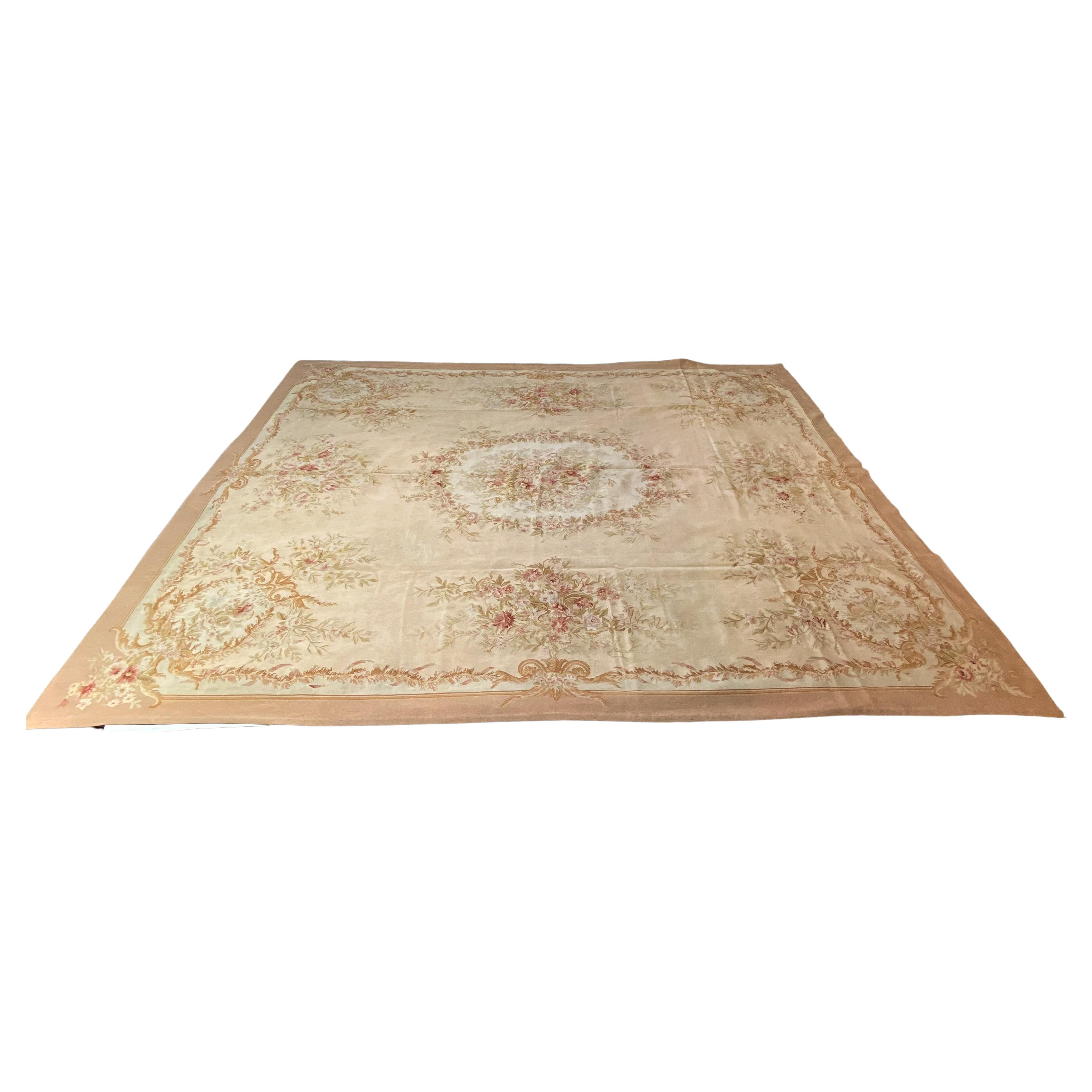 Large Floral Apricot Wool Aubusson Rug For Sale