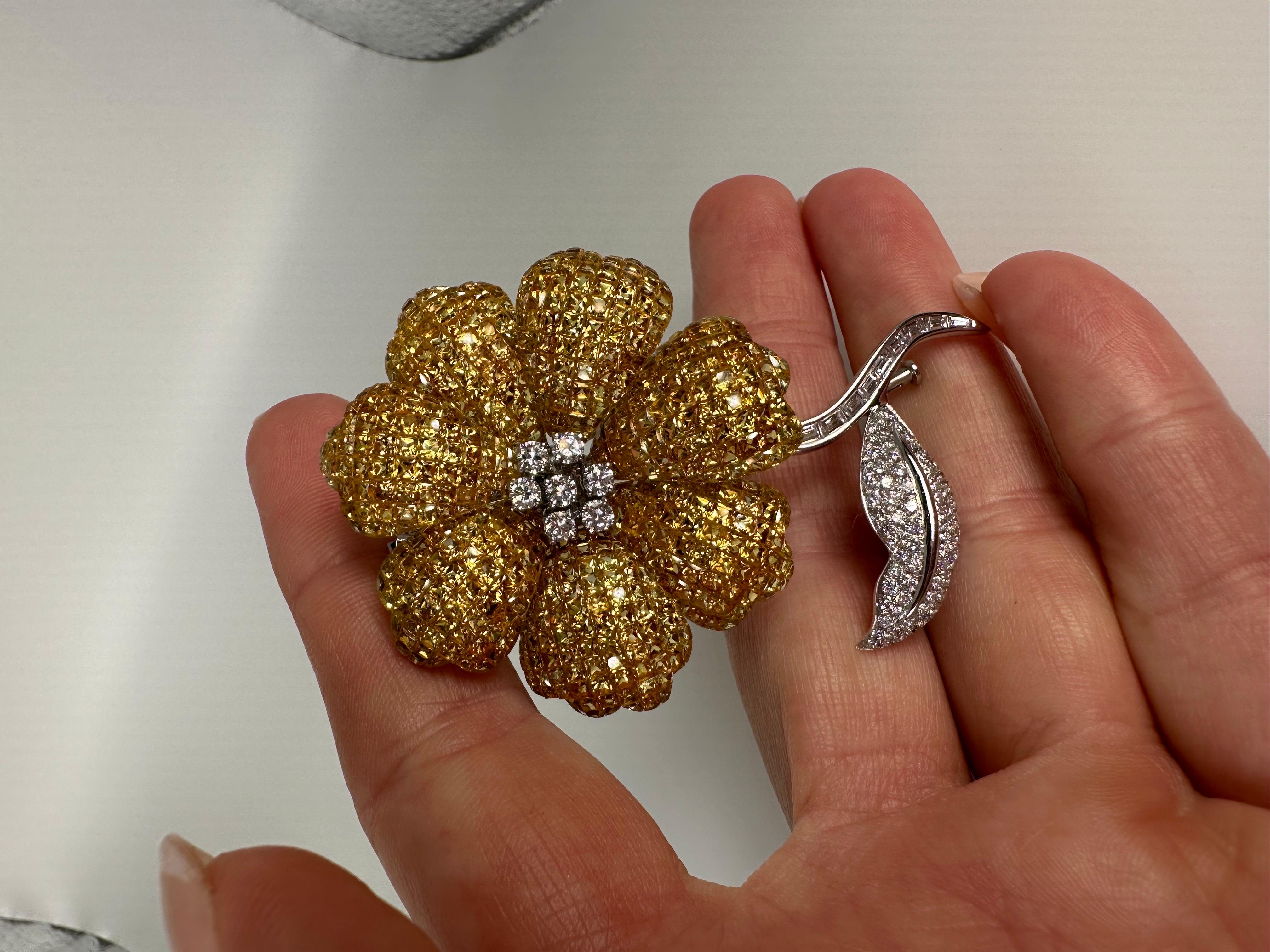 Women's or Men's Large Floral brooch 18KT sapphire & diamond brooch RARE