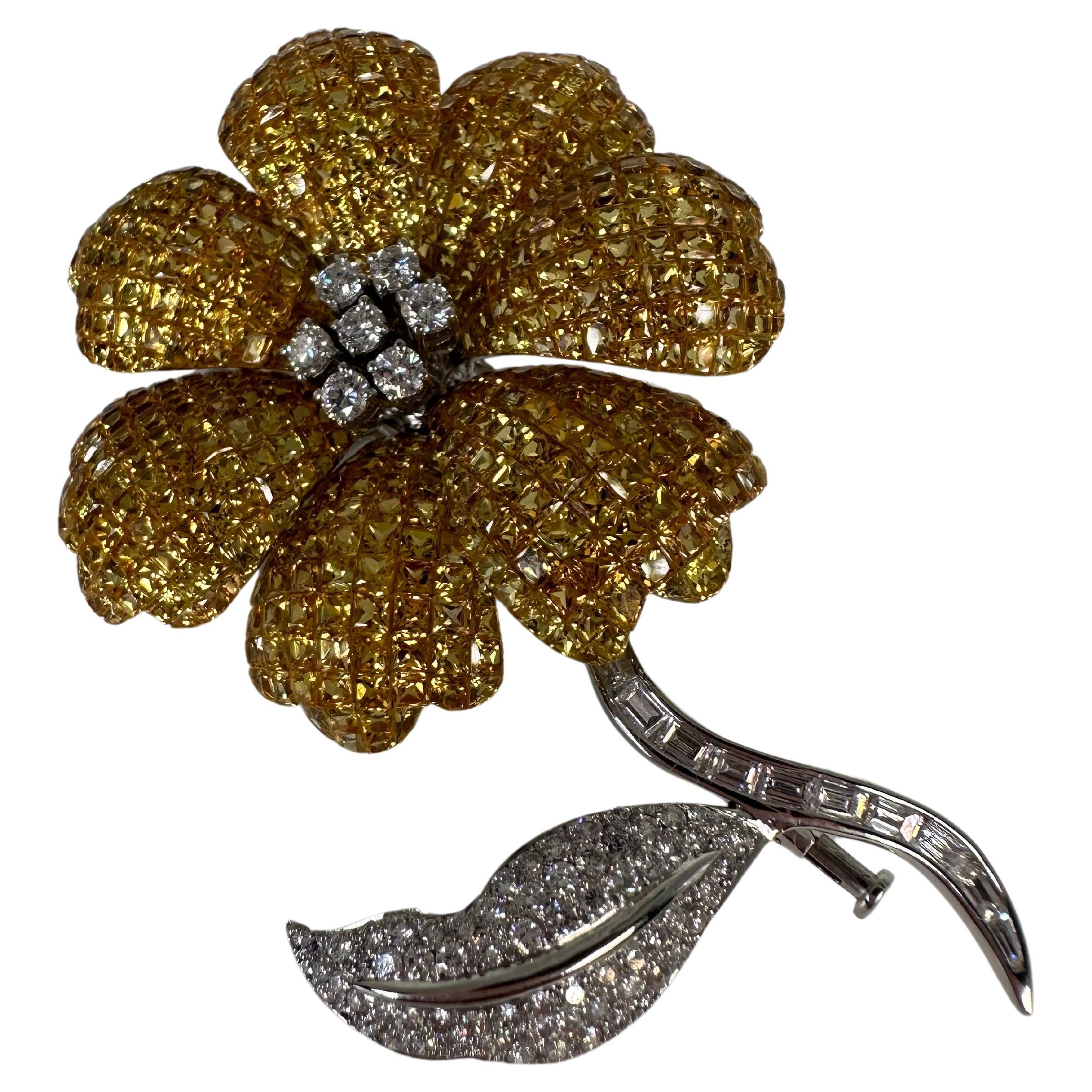 Large Floral brooch 18KT sapphire & diamond brooch RARE For Sale