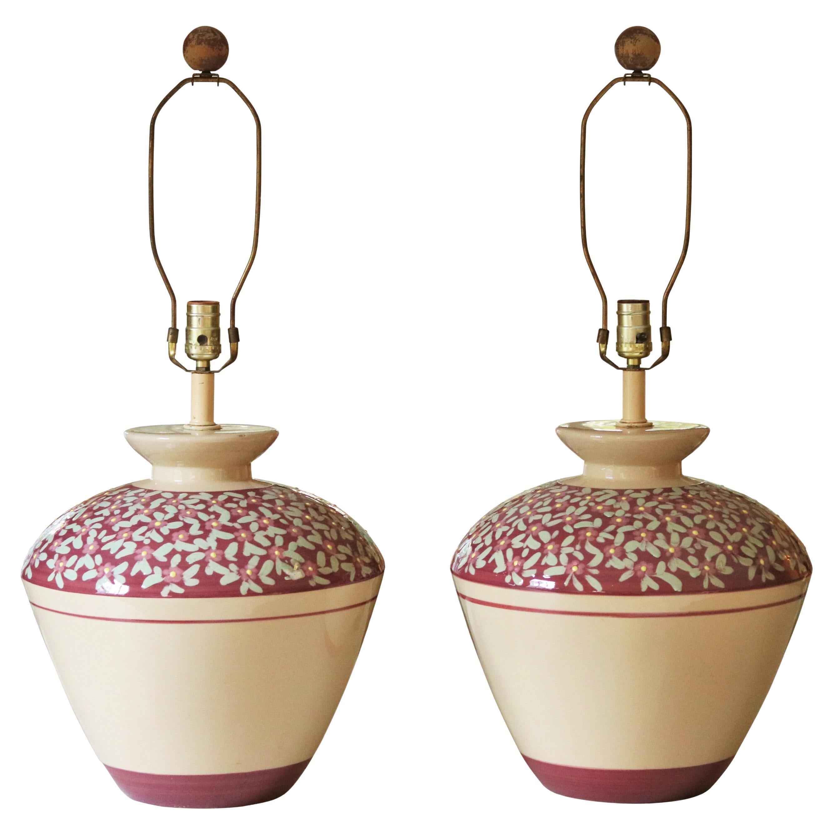 Large Floral Ceramic Table Lamps, a Pair