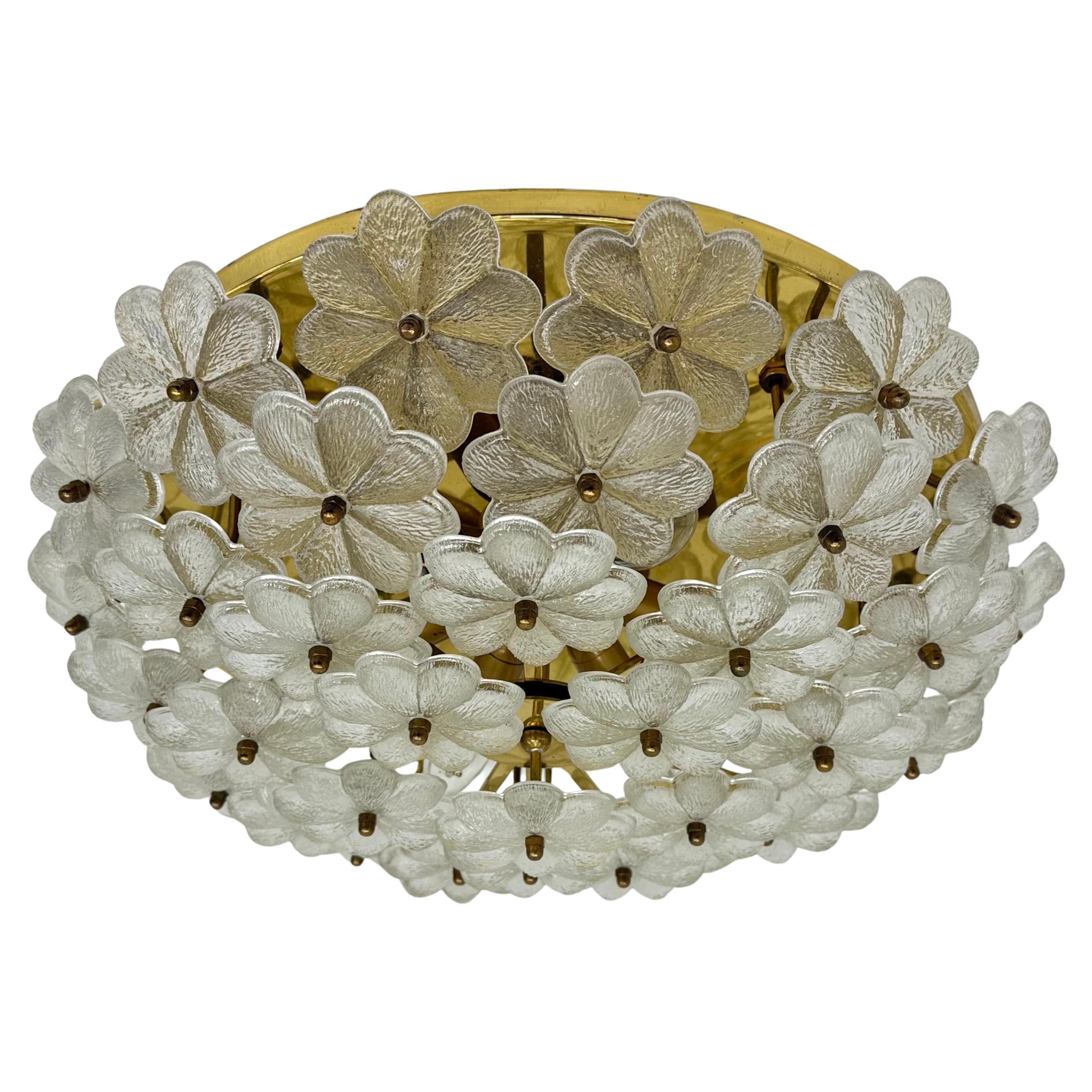 Large Floral Crystal Glass Flush Lamp by Ernst Palme , 1970s