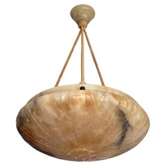 Large Floral Design Alabaster Pendant Chandelier w. Matching Rope & Mint Canopy