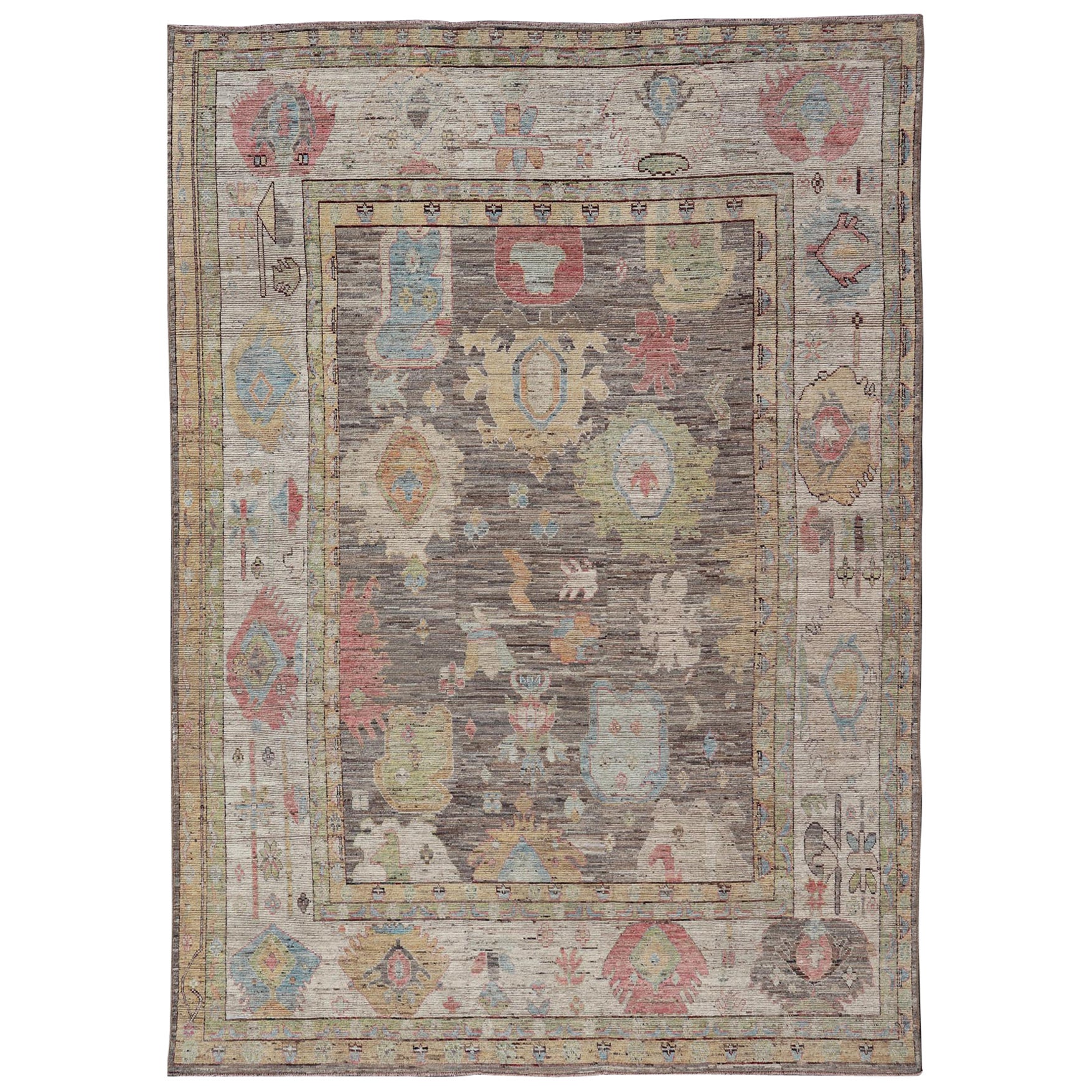 Large Floral Designed Modern Oushak on a Brown-Gray Field and Cream Border