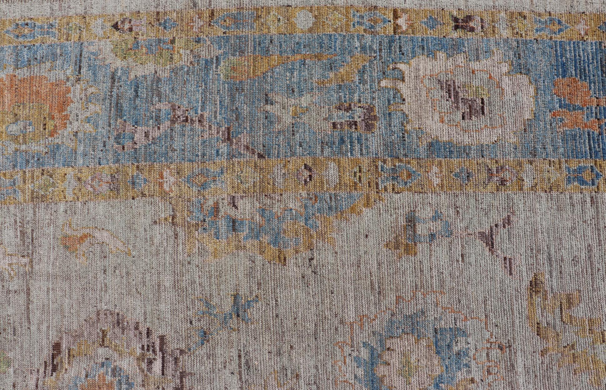 Hand-Knotted Large Floral Designed Modern Oushak on a Cream Field and Light Blue Border  For Sale