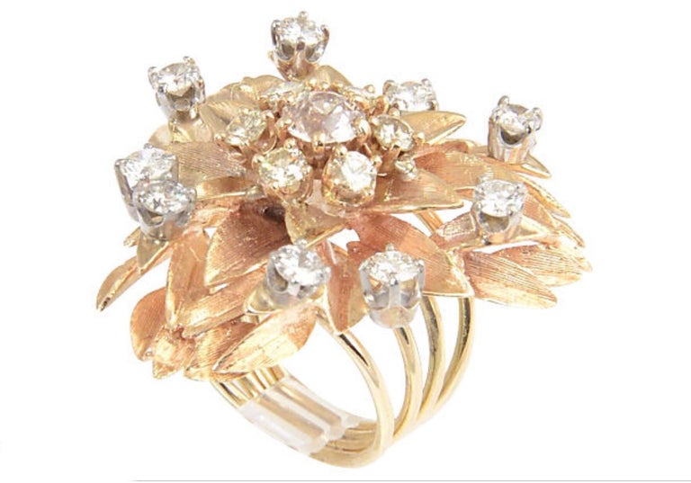 Large Floral Diamond Flower Yellow Gold Cocktail Ring For Sale at 1stDibs