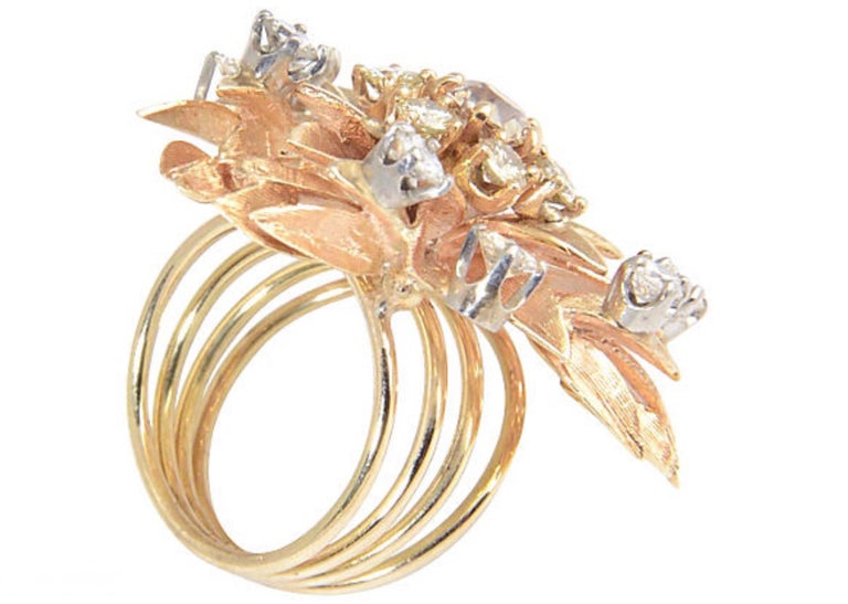 Large Floral Diamond Flower Yellow Gold Cocktail Ring For Sale at 1stDibs