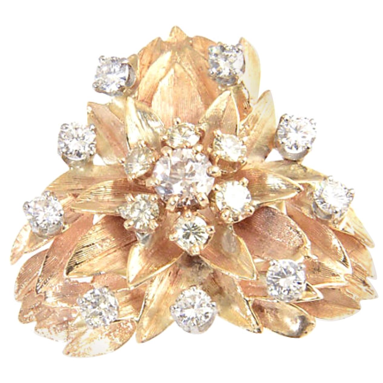 Large Floral Diamond Flower Yellow Gold Cocktail Ring