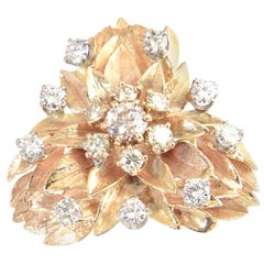 Vintage Large Floral Diamond Flower Yellow Gold Cocktail Ring