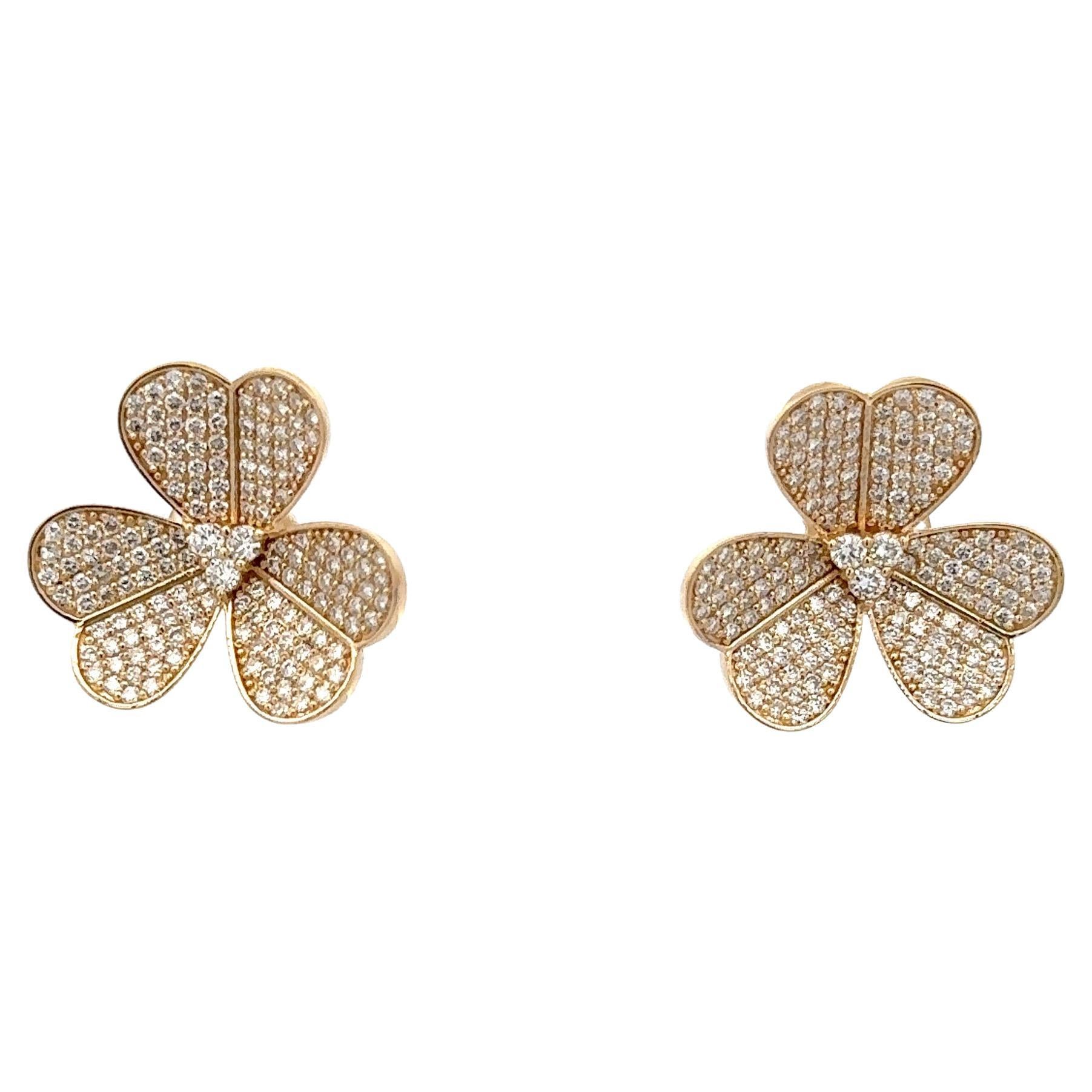 Large Floral Diamond Stud Earrings 2.02 Carats 14 Karat Yellow Gold F VS For Sale