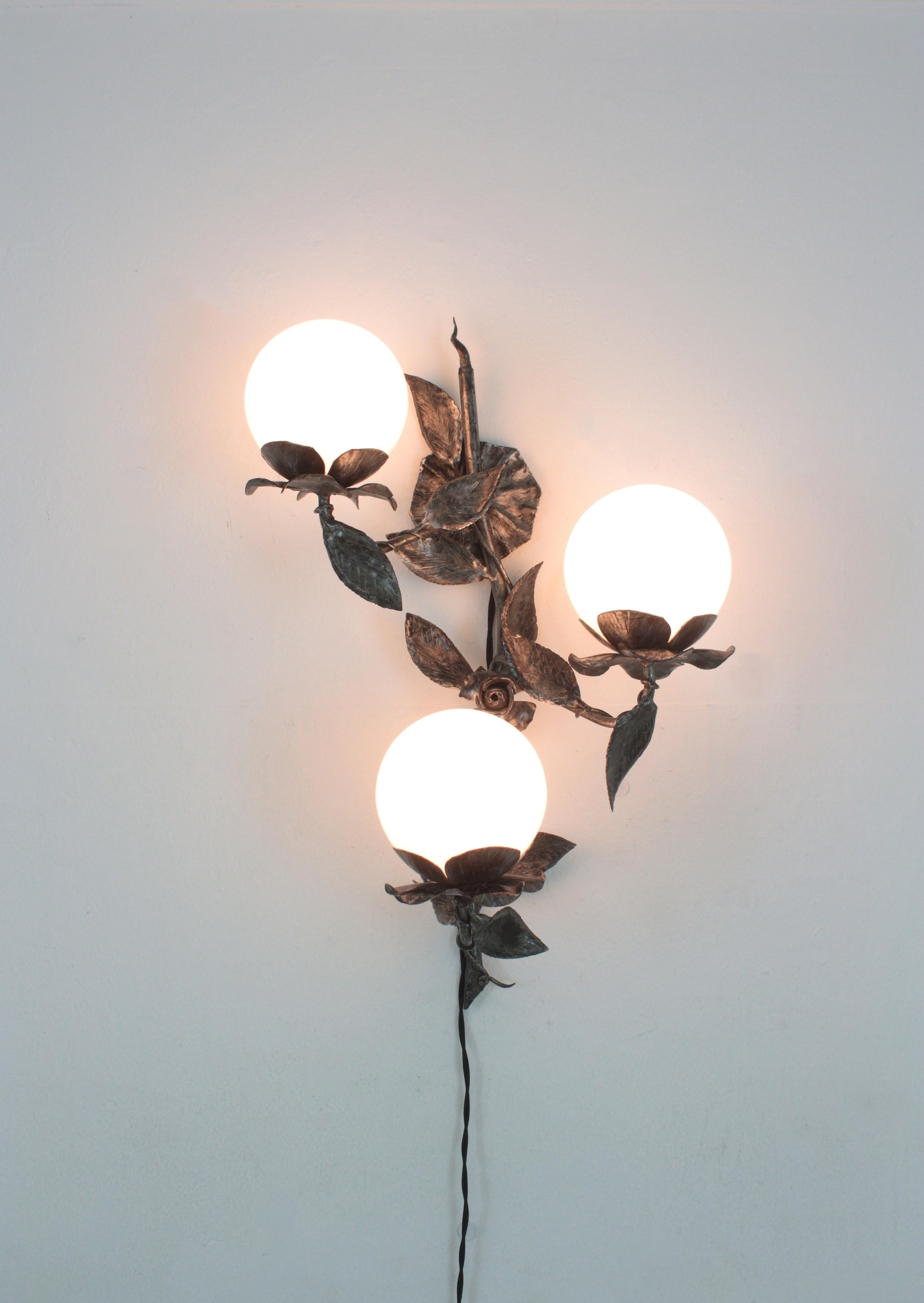 Large Floral Foliage Wall Light in Iron with 3 Milk Glass Globes, Spain, 1940s For Sale 4