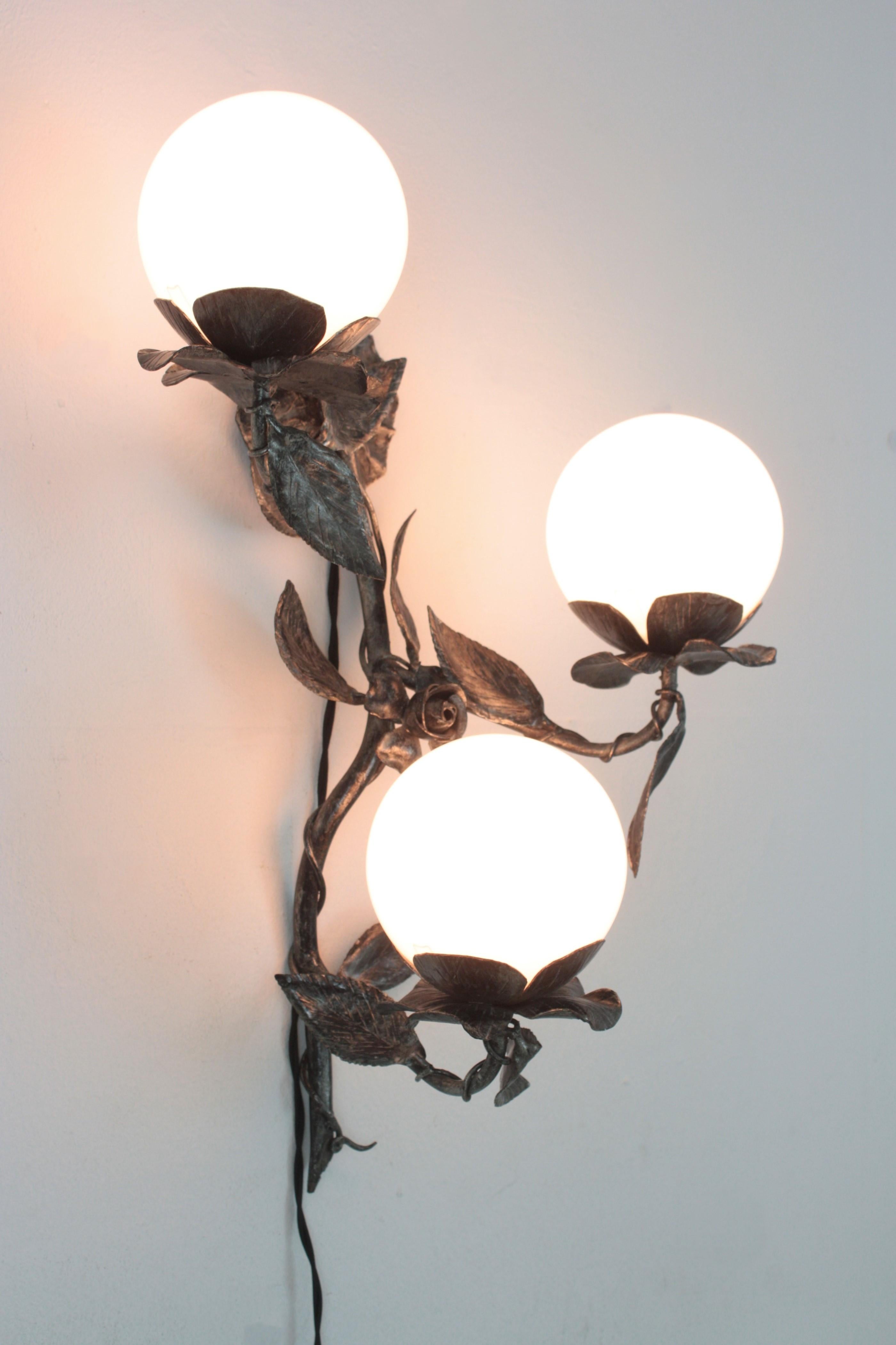 Large Floral Foliage Wall Light in Iron with 3 Milk Glass Globes, Spain, 1940s For Sale 5