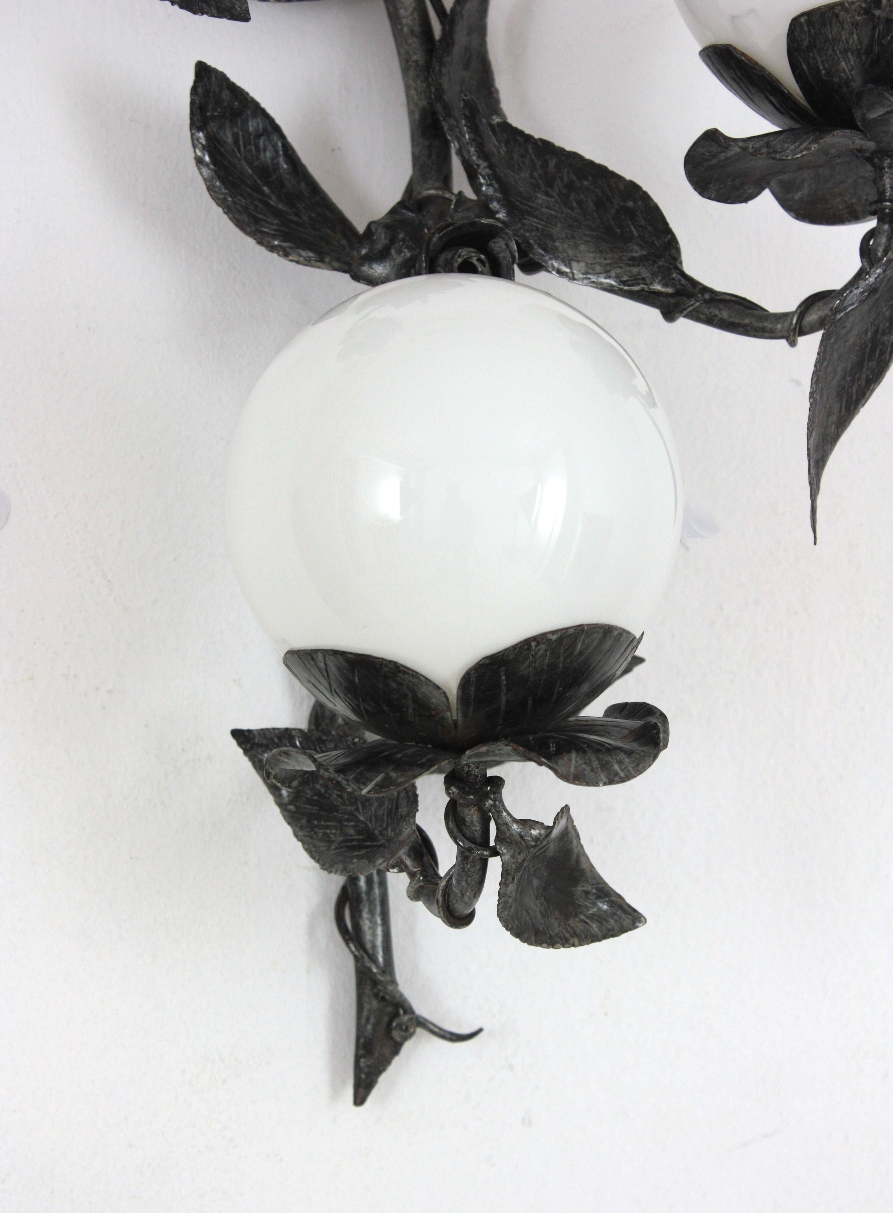 Large Floral Foliage Wall Light in Iron with 3 Milk Glass Globes, Spain, 1940s For Sale 6