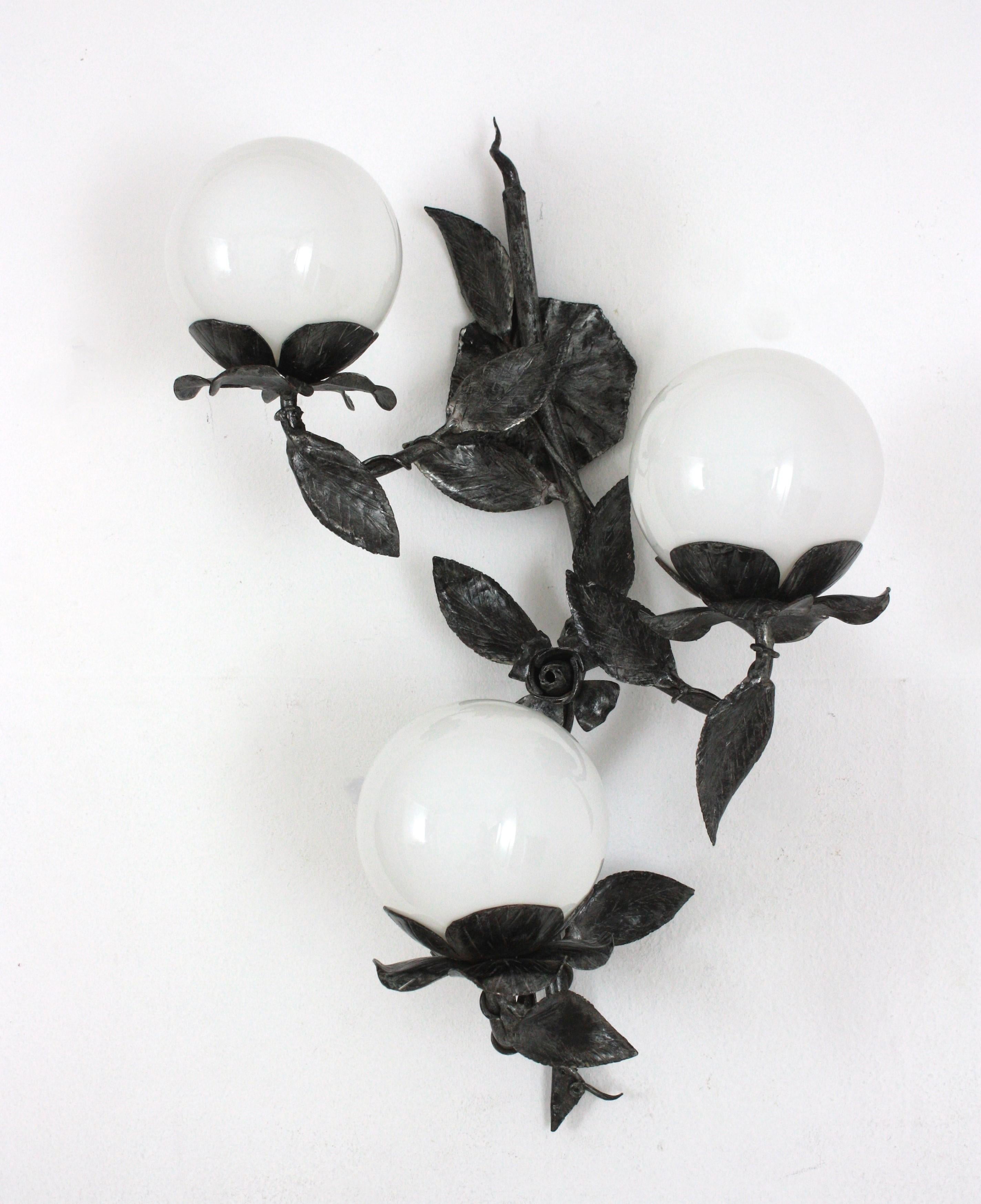 Mid-Century Modern Large Floral Foliage Wall Light in Iron with 3 Milk Glass Globes, Spain, 1940s For Sale