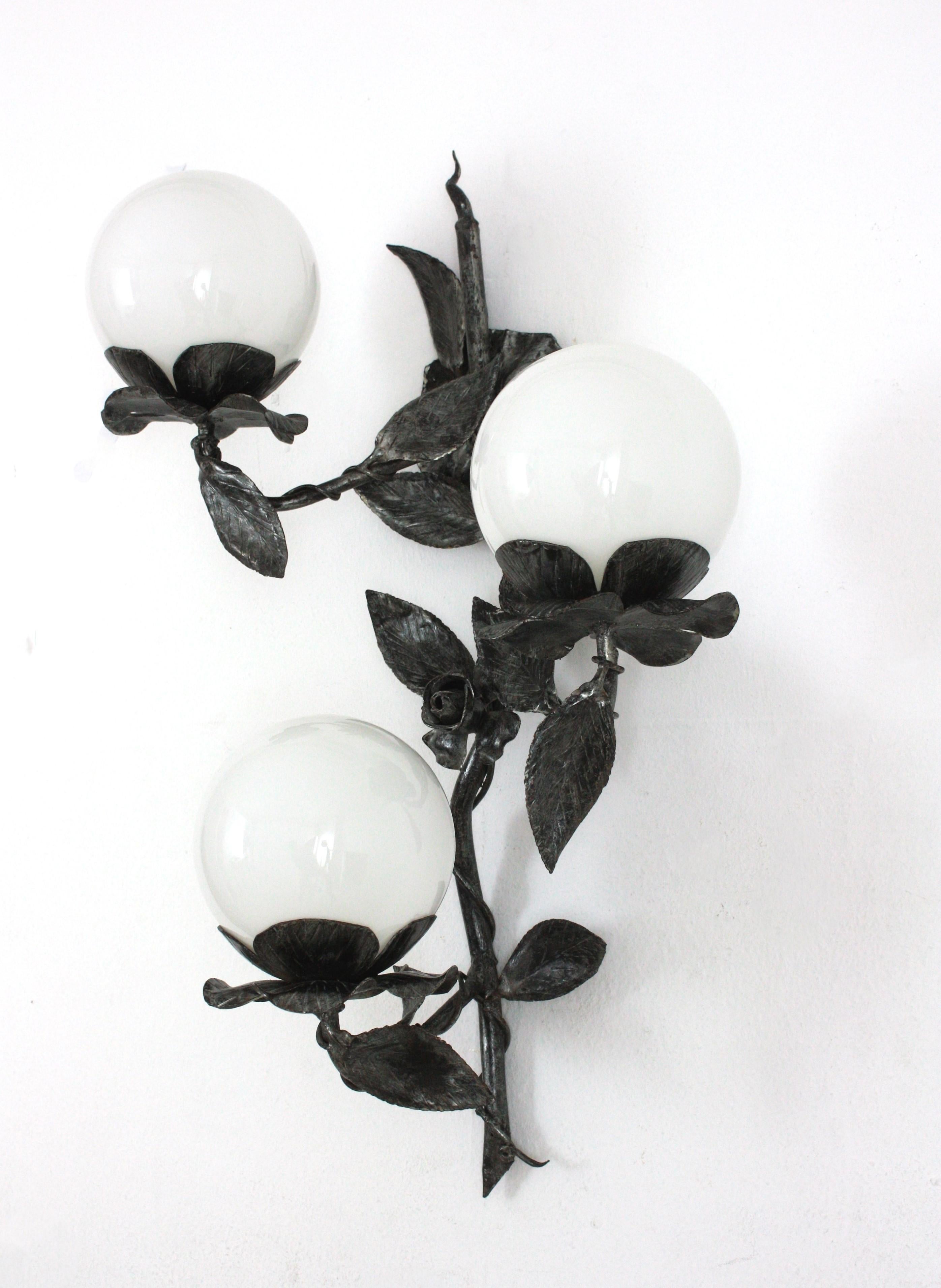 Patinated Large Floral Foliage Wall Light in Iron with 3 Milk Glass Globes, Spain, 1940s For Sale