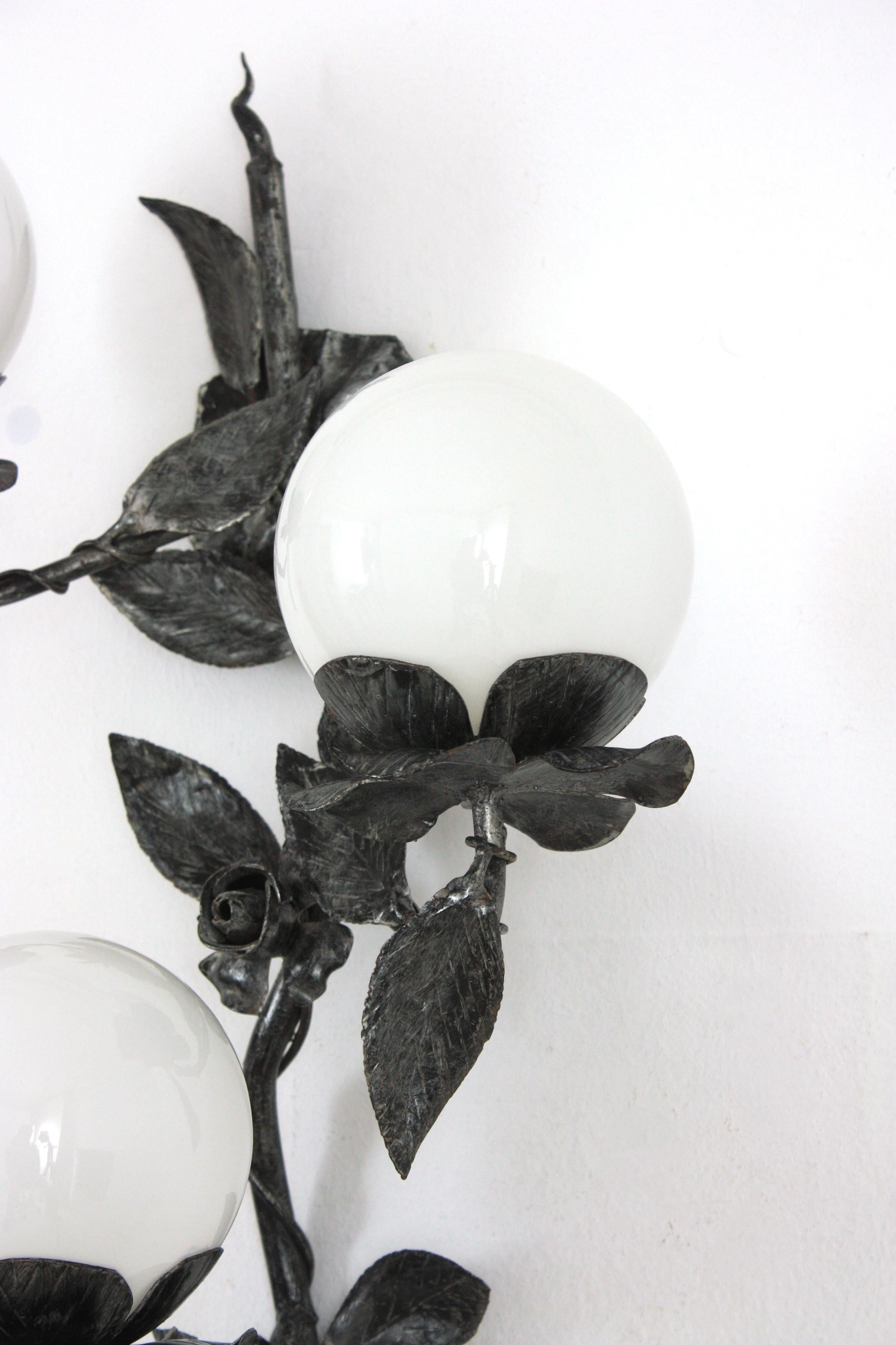 Large Floral Foliage Wall Light in Iron with 3 Milk Glass Globes, Spain, 1940s In Good Condition For Sale In Barcelona, ES