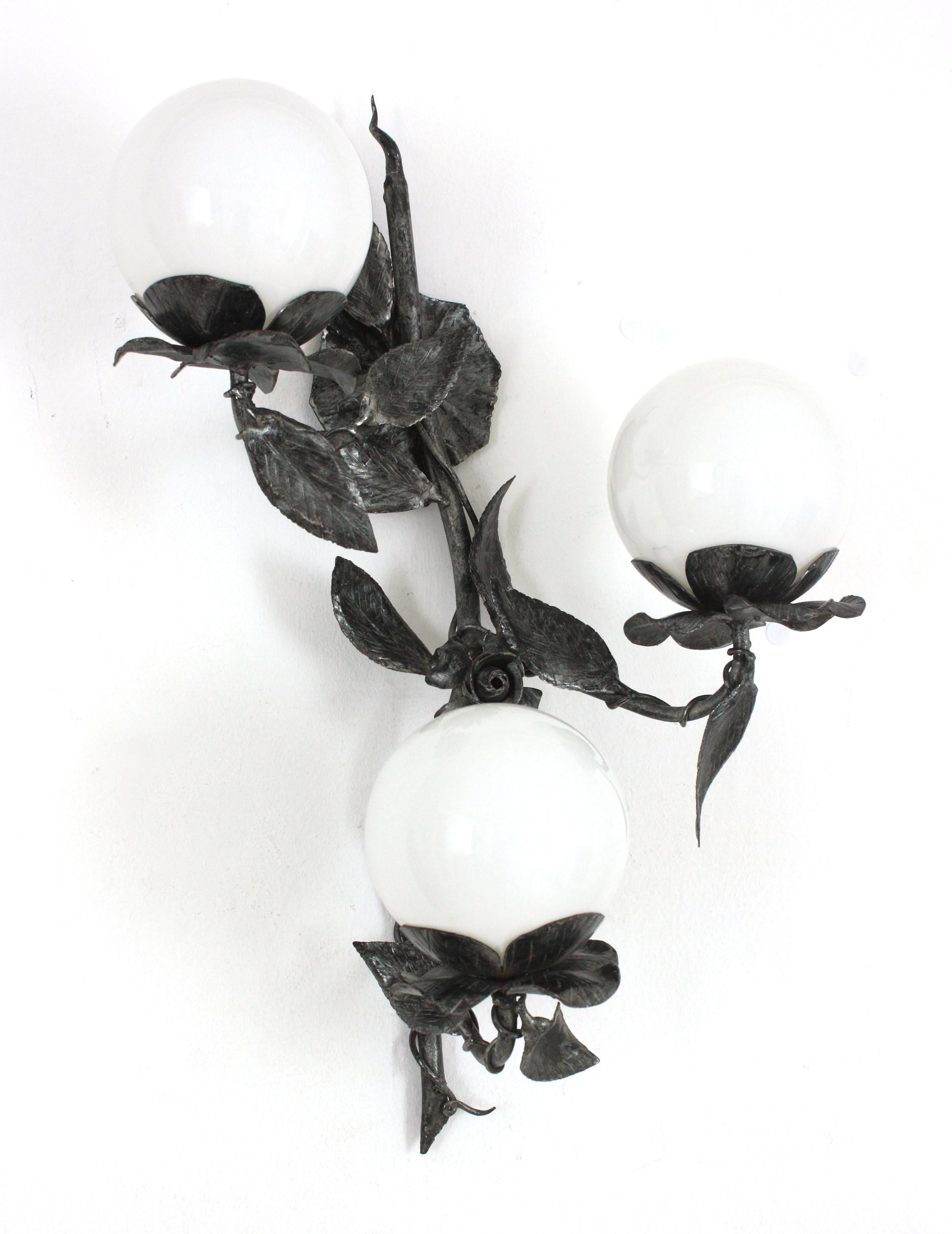 20th Century Large Floral Foliage Wall Light in Iron with 3 Milk Glass Globes, Spain, 1940s For Sale