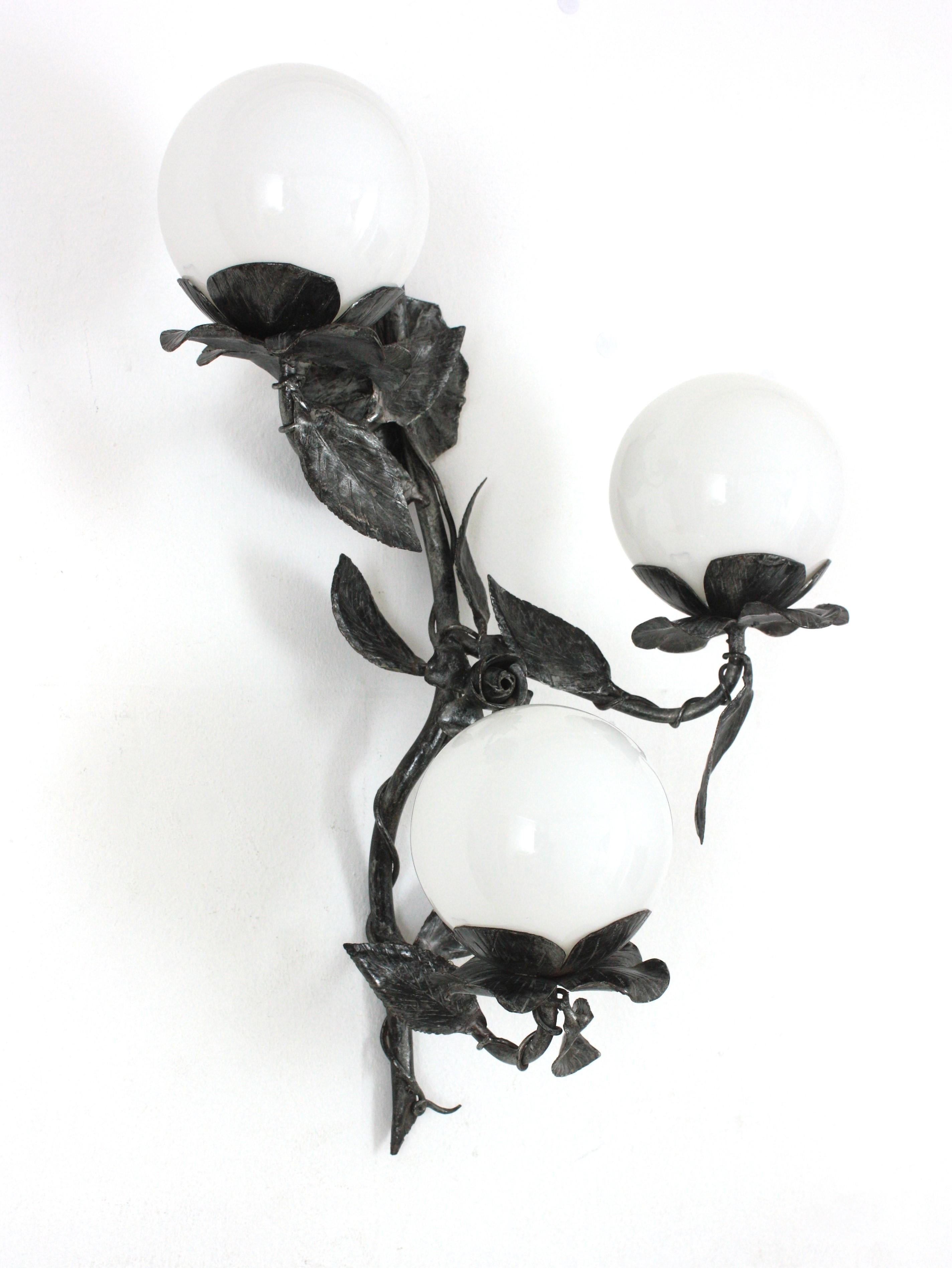 Large Floral Foliage Wall Light in Iron with 3 Milk Glass Globes, Spain, 1940s For Sale 1