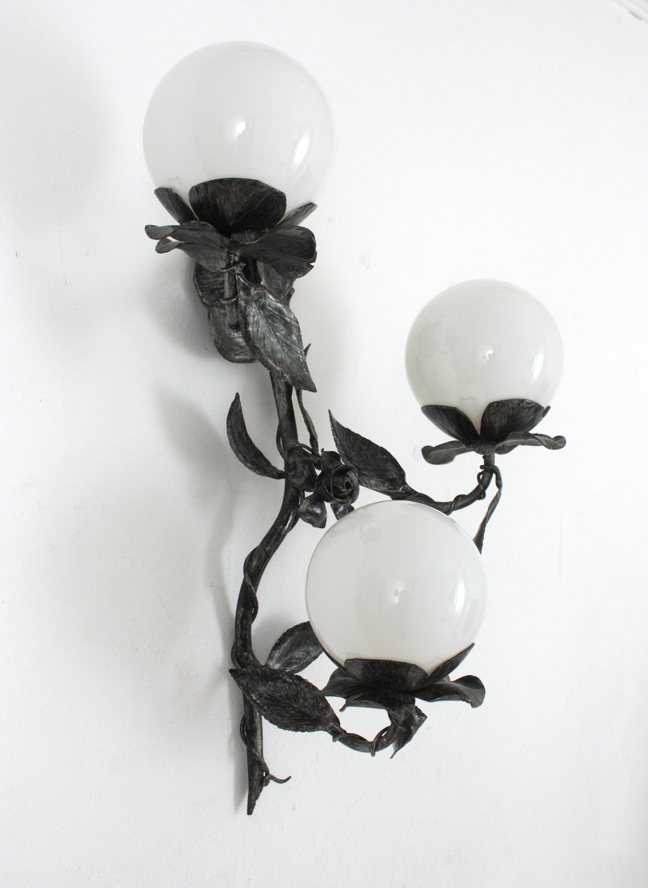 Large Floral Foliage Wall Light in Iron with 3 Milk Glass Globes, Spain, 1940s For Sale 2
