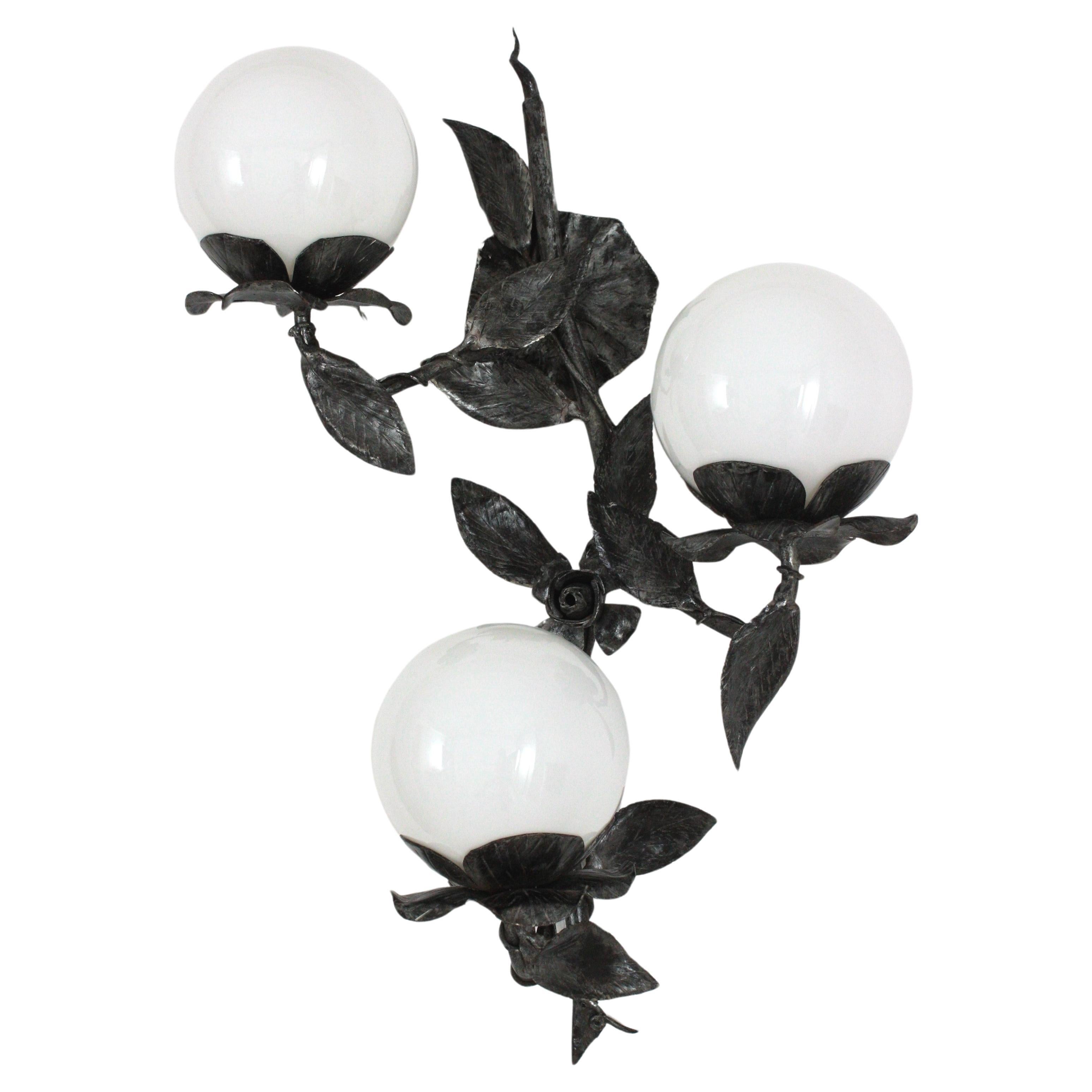 Large Floral Foliage Wall Light in Iron with 3 Milk Glass Globes, Spain, 1940s