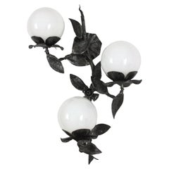 Large Floral Foliage Wall Light in Iron with 3 Milk Glass Globes, Spain, 1940s