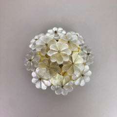 Large Floral Glass & Brass Ceiling Wall Light, Ernst Palme, Palwa 1970s Germany