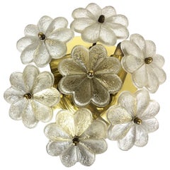 Large Floral Glass and Brass Ceiling Wall Light, Ernst Palme Palwa 1970s Germany
