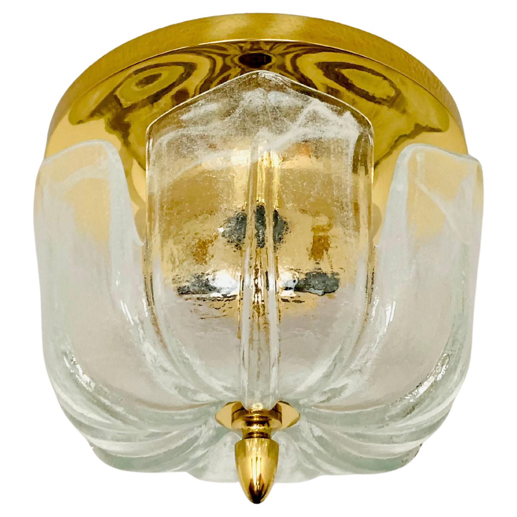 Large Floral Ice Glass Flush Light by Glashütte Limburg