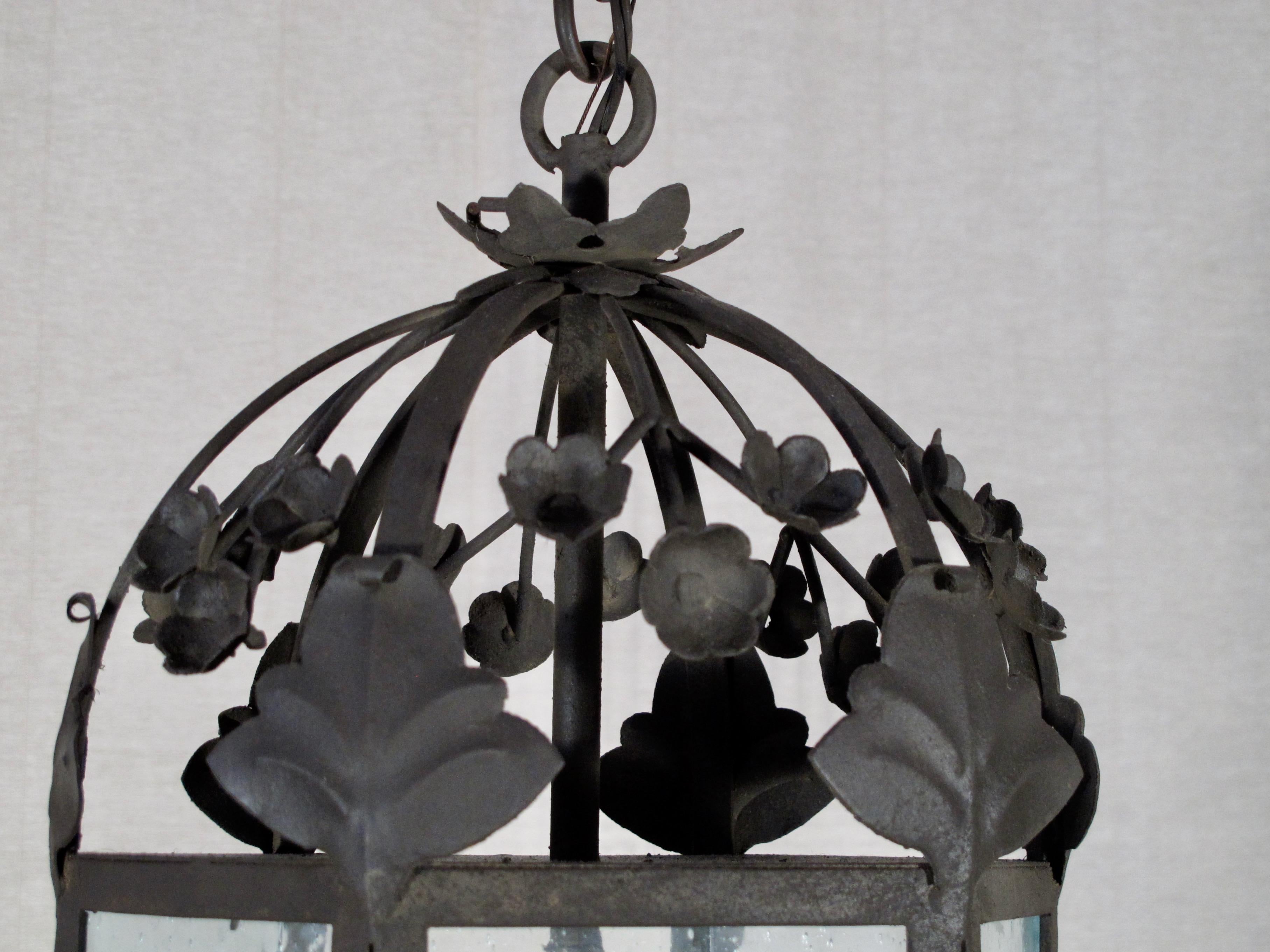 Forged Large Floral Iron Lantern For Sale