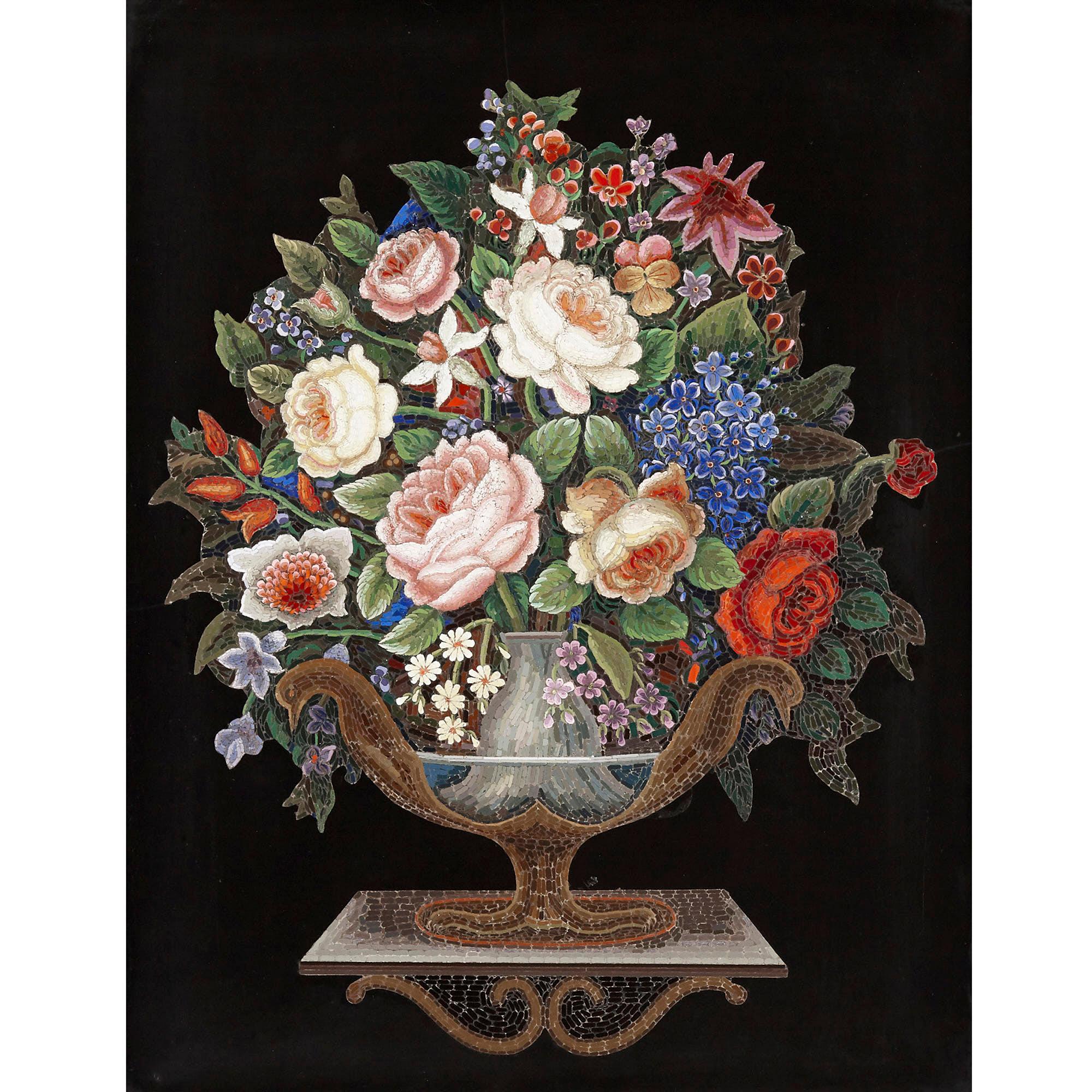 Large floral micro-mosaic by the Vatican Mosaic Studio
Italian, circa 1870
Measures: Frame: Height 56cm, width 47cm, depth 3.5cm
Plaque: Height 45cm, width 37cm, depth 0.5cm

This magnificent micro-mosaic depicts a bouquet of flowers in a