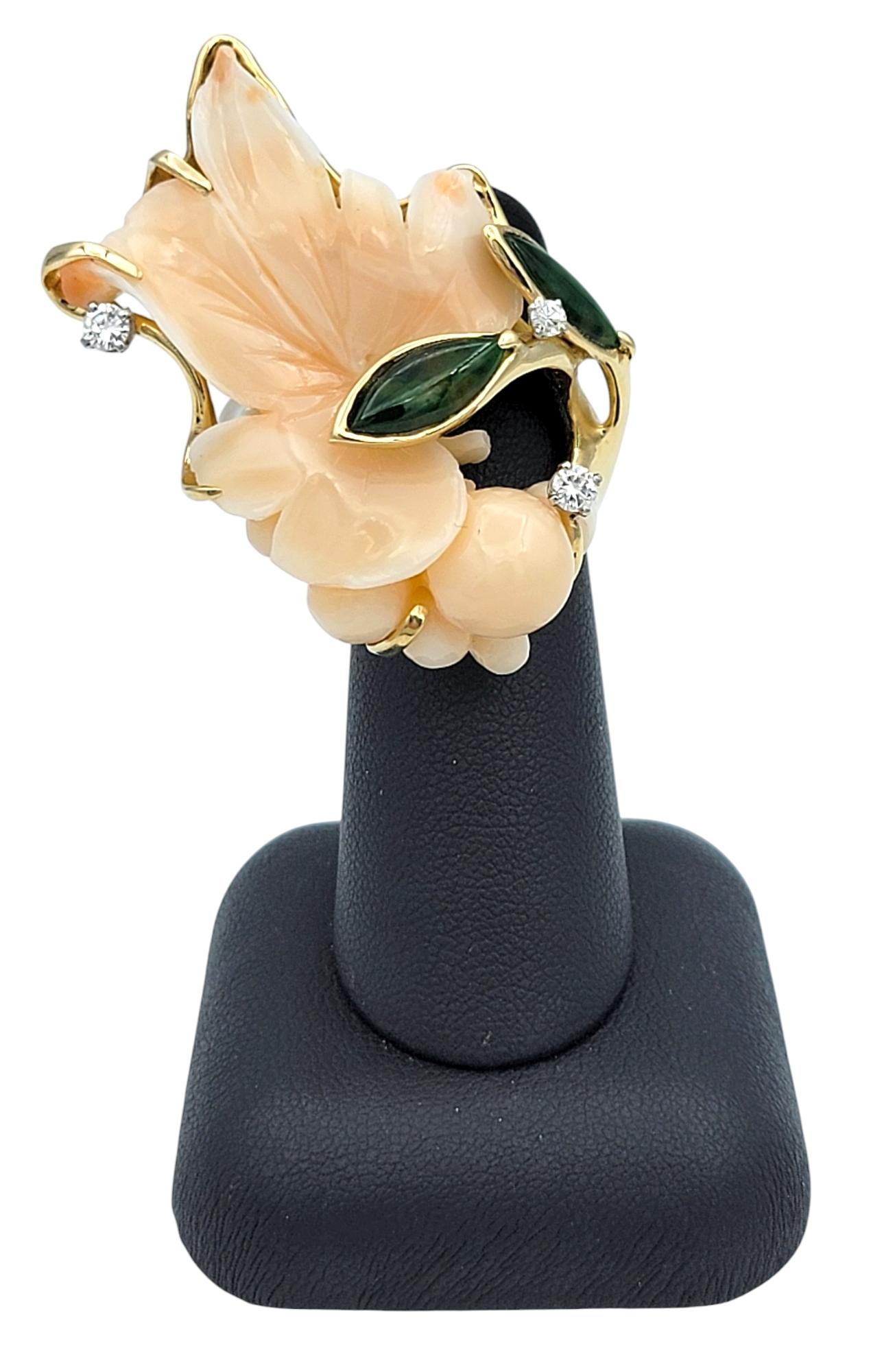 Large Floral Motif Carved Coral Cocktail Ring with Jade, Pearl and Diamonds For Sale 4
