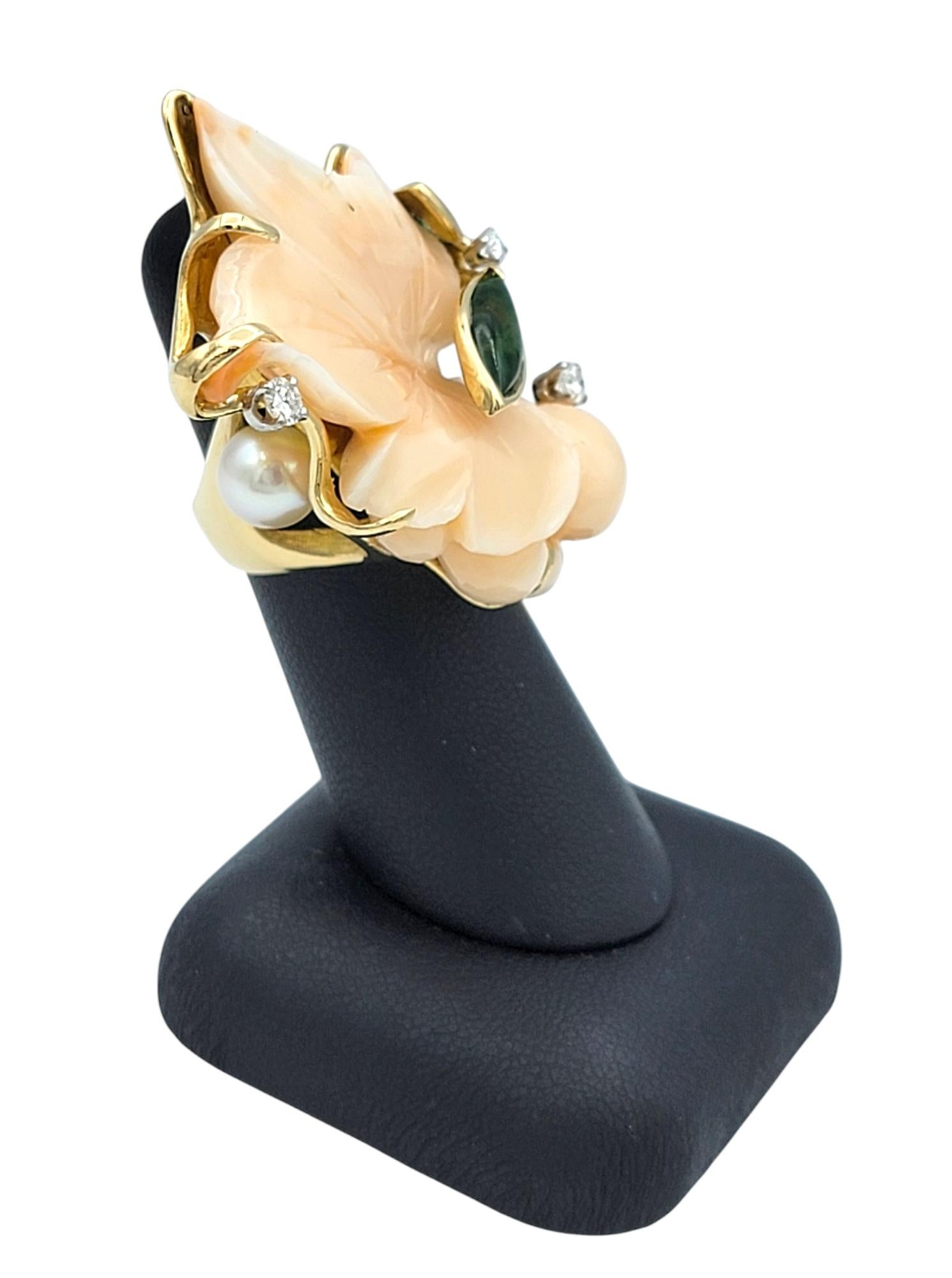 Large Floral Motif Carved Coral Cocktail Ring with Jade, Pearl and Diamonds For Sale 5