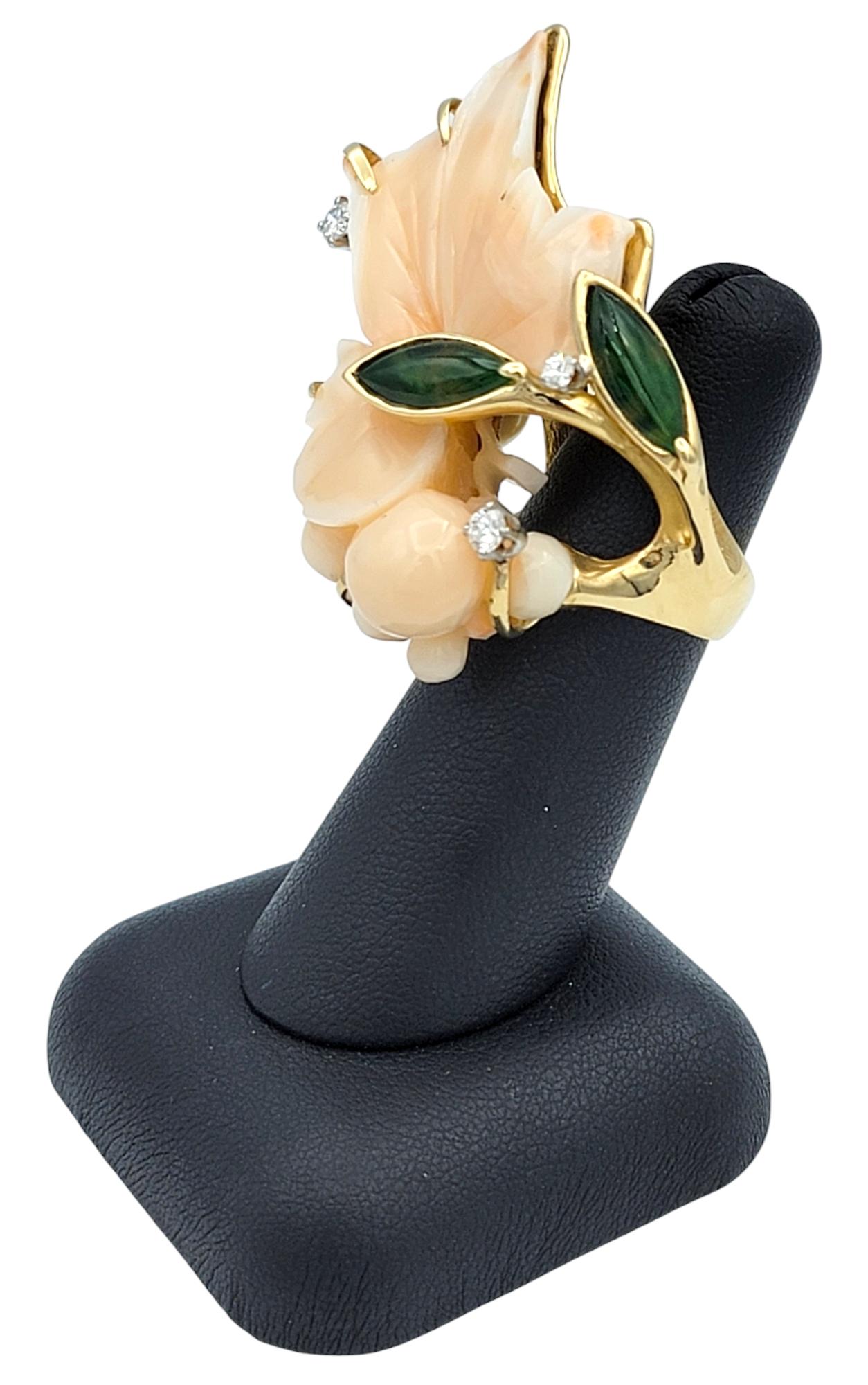 Large Floral Motif Carved Coral Cocktail Ring with Jade, Pearl and Diamonds For Sale 6