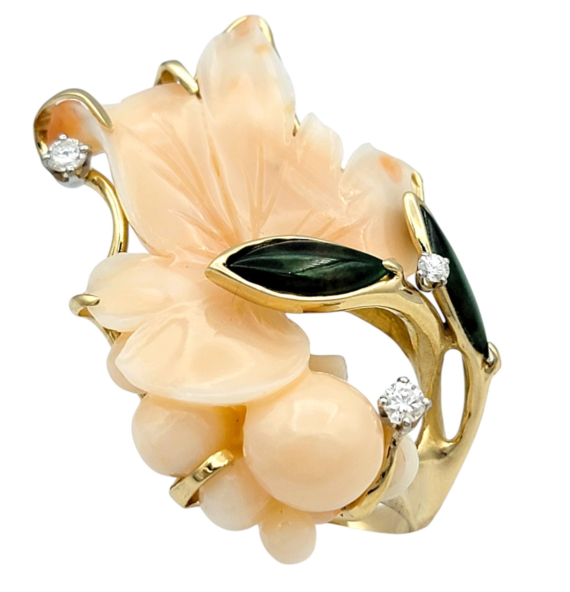 Contemporary Large Floral Motif Carved Coral Cocktail Ring with Jade, Pearl and Diamonds For Sale