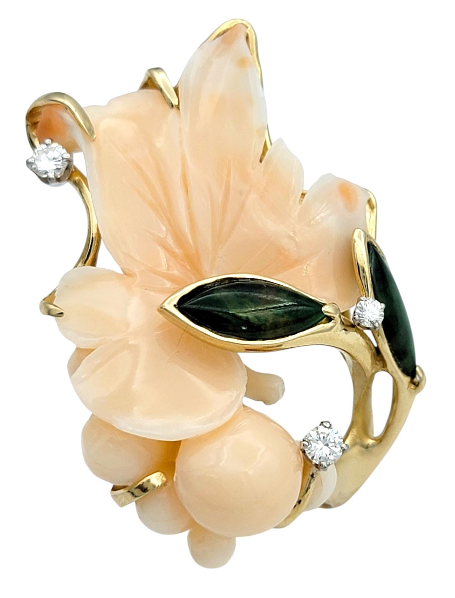 Round Cut Large Floral Motif Carved Coral Cocktail Ring with Jade, Pearl and Diamonds For Sale