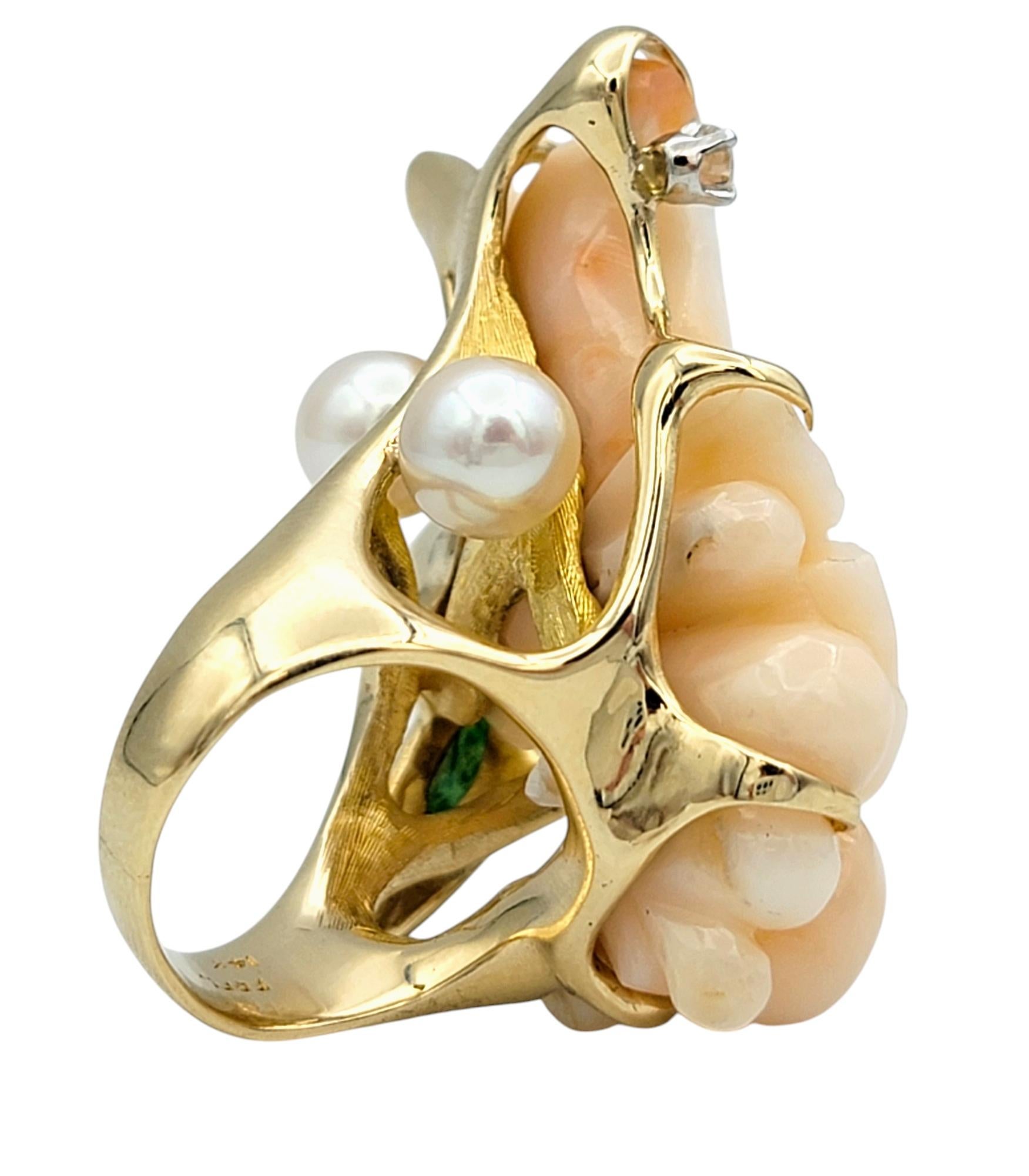 Large Floral Motif Carved Coral Cocktail Ring with Jade, Pearl and Diamonds In Good Condition For Sale In Scottsdale, AZ