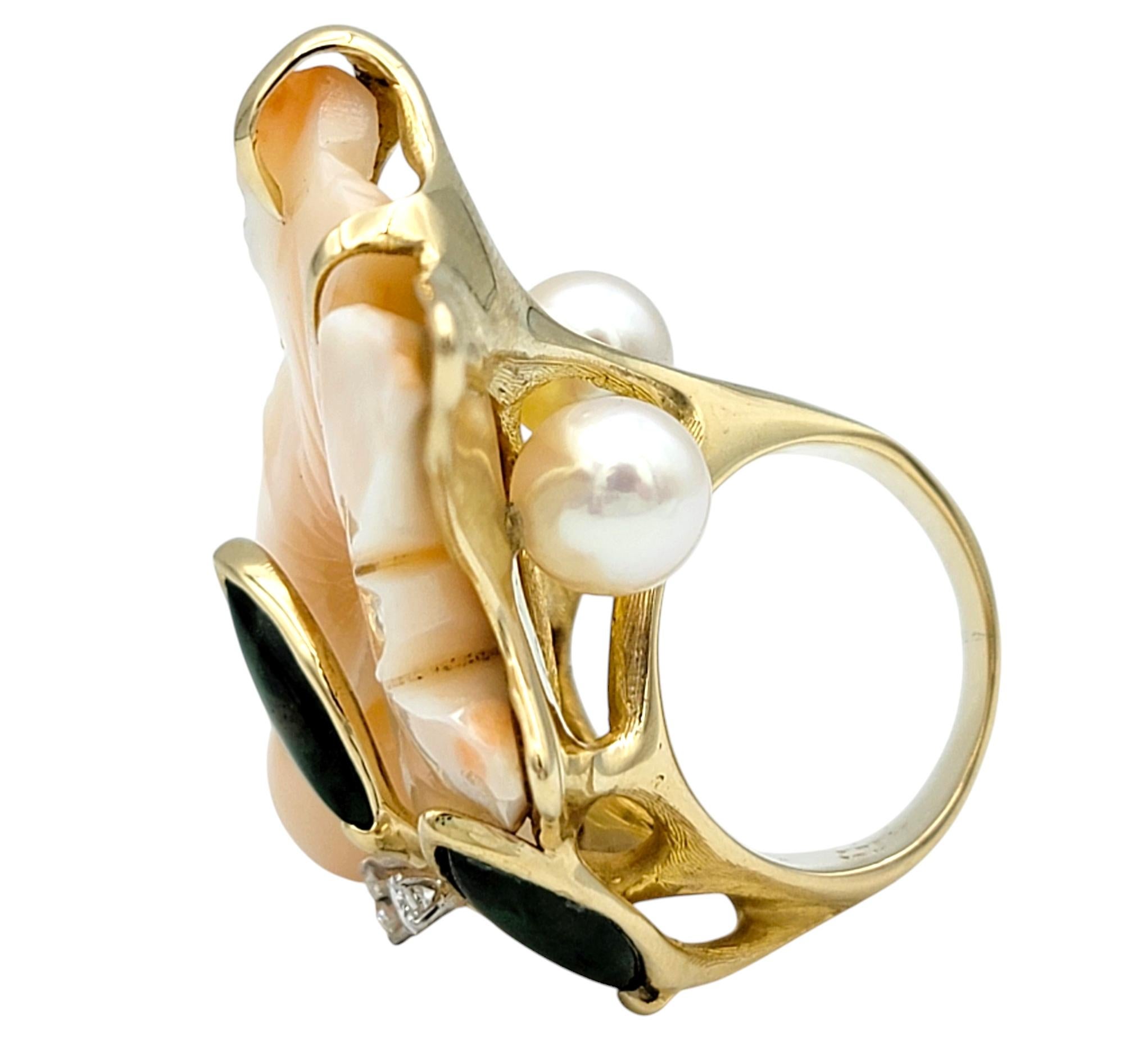 Women's Large Floral Motif Carved Coral Cocktail Ring with Jade, Pearl and Diamonds For Sale
