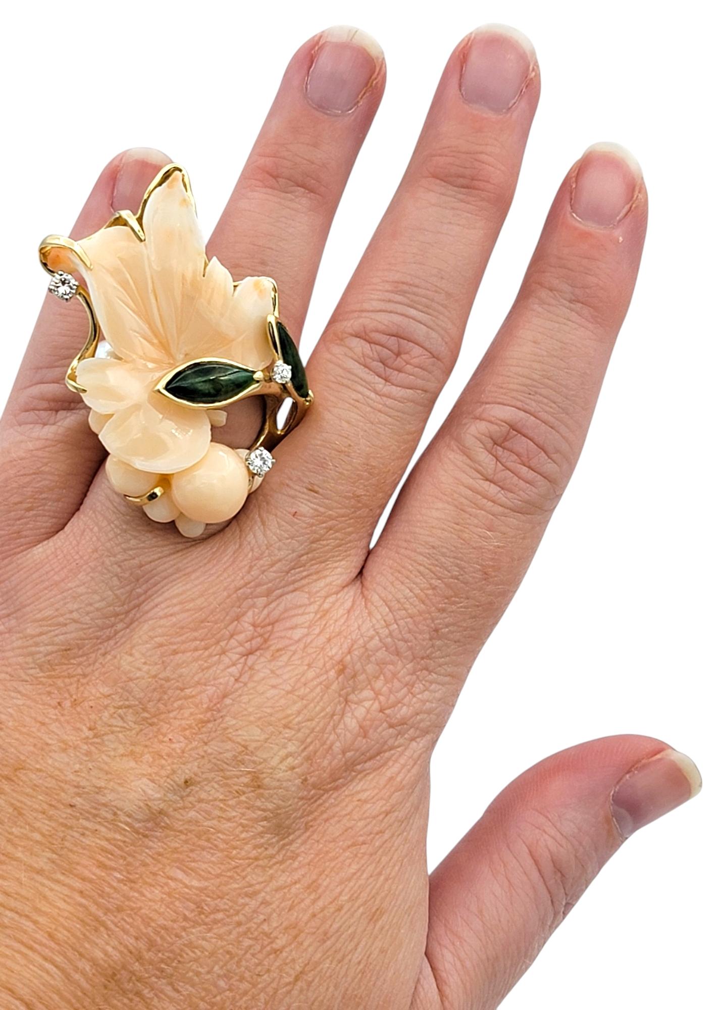 Large Floral Motif Carved Coral Cocktail Ring with Jade, Pearl and Diamonds For Sale 2